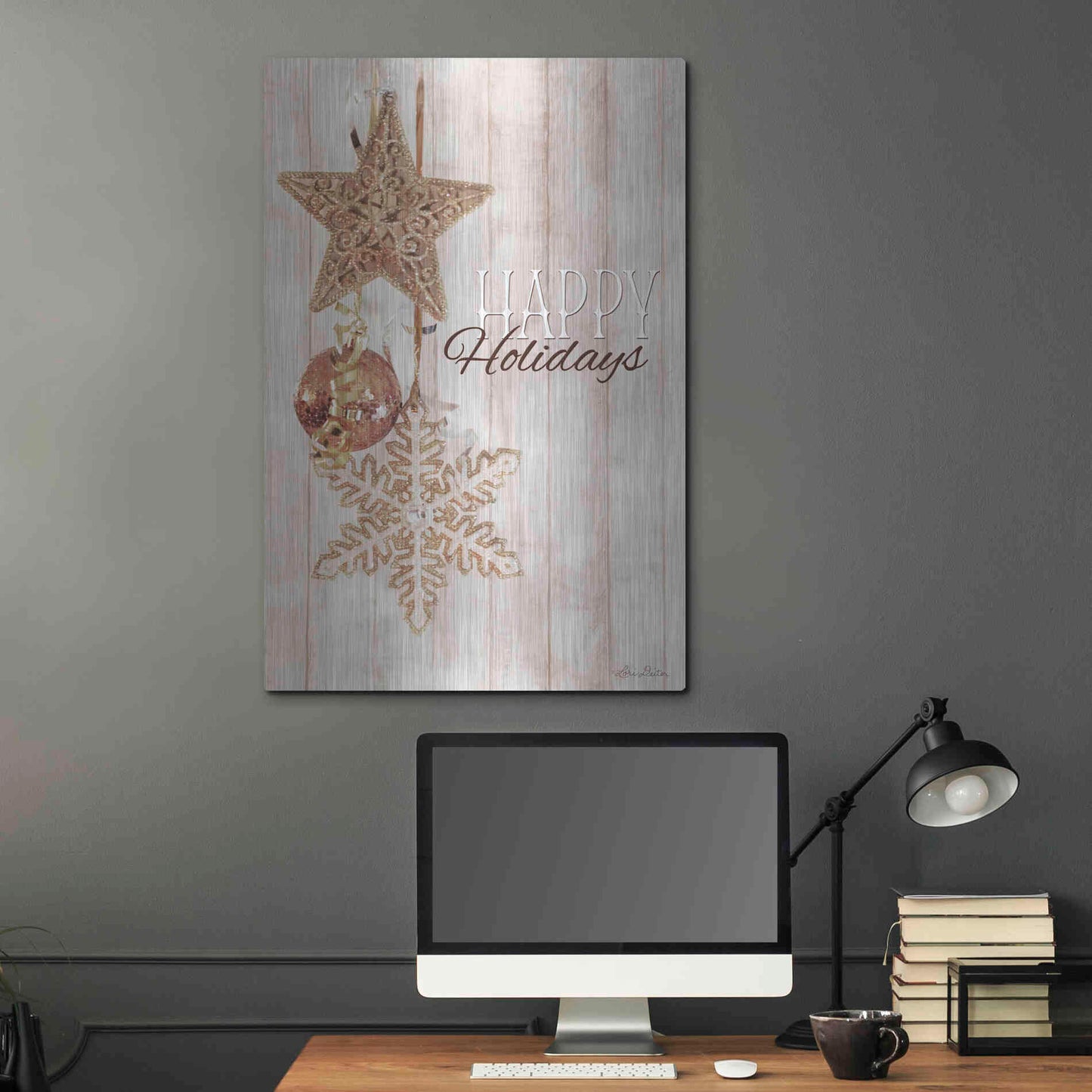 Luxe Metal Art 'Gold Sparkle Happy Holidays' by Lori Deiter, Metal Wall Art,24x36