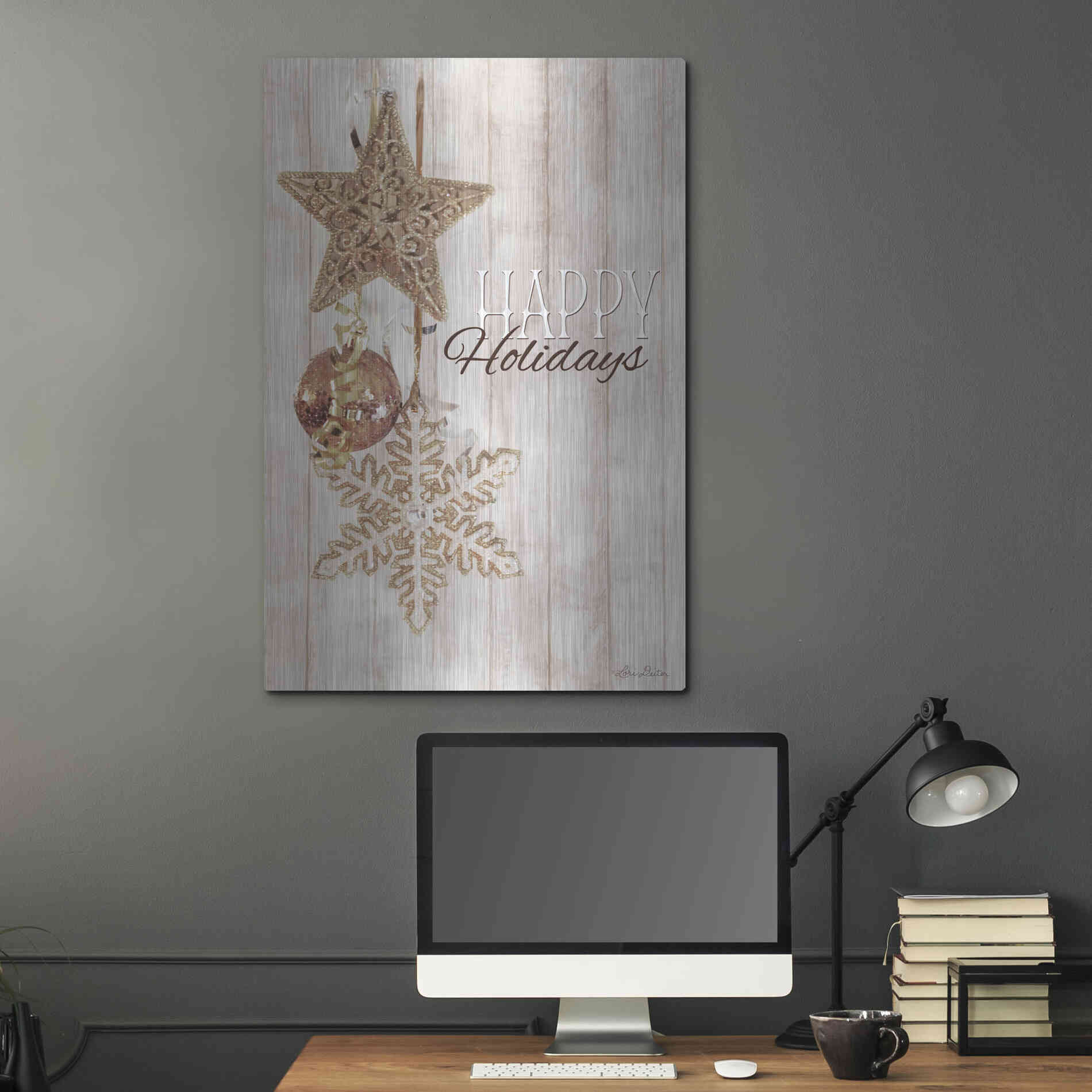 Luxe Metal Art 'Gold Sparkle Happy Holidays' by Lori Deiter, Metal Wall Art,24x36