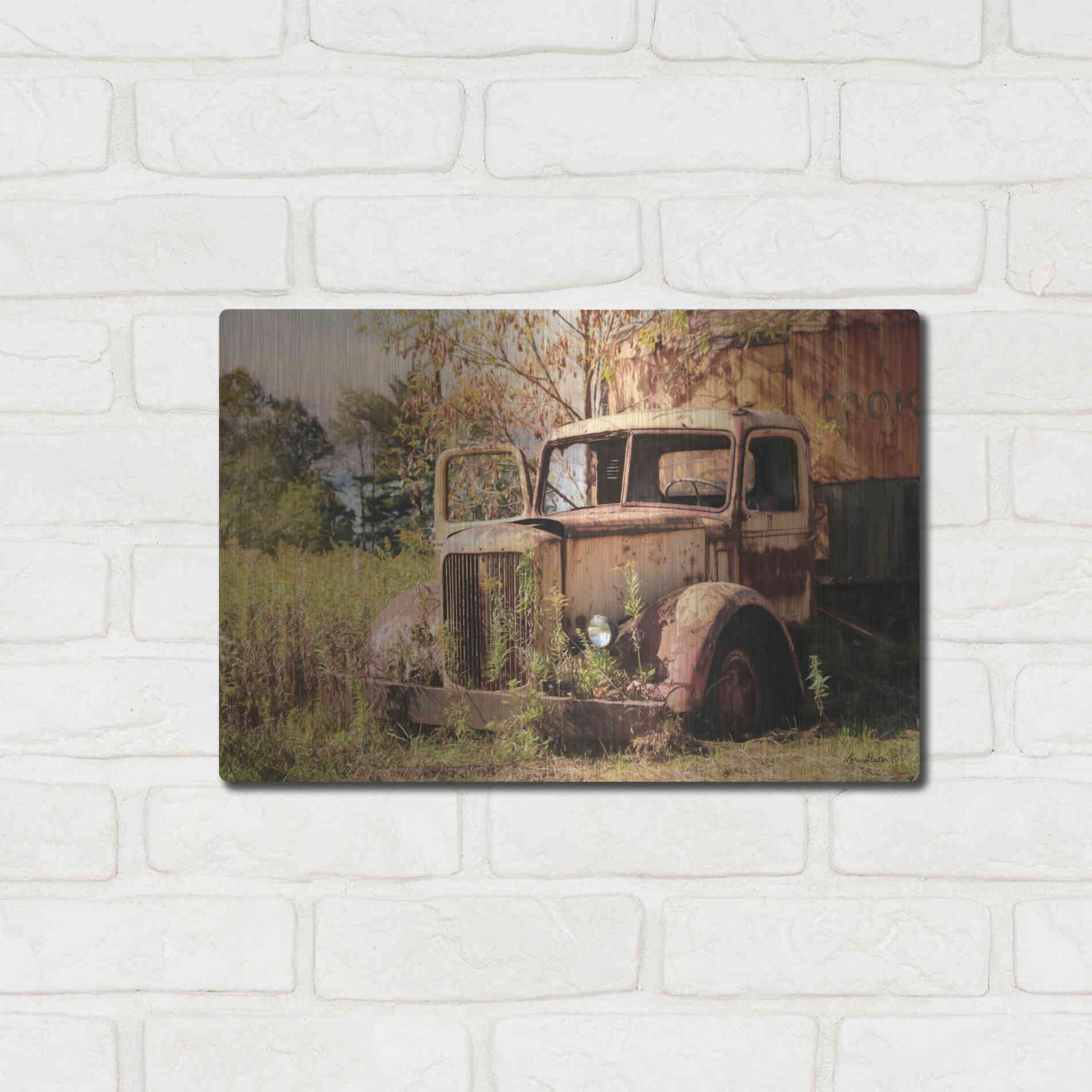 Luxe Metal Art 'Old Yellow Truck' by Lori Deiter, Metal Wall Art,16x12