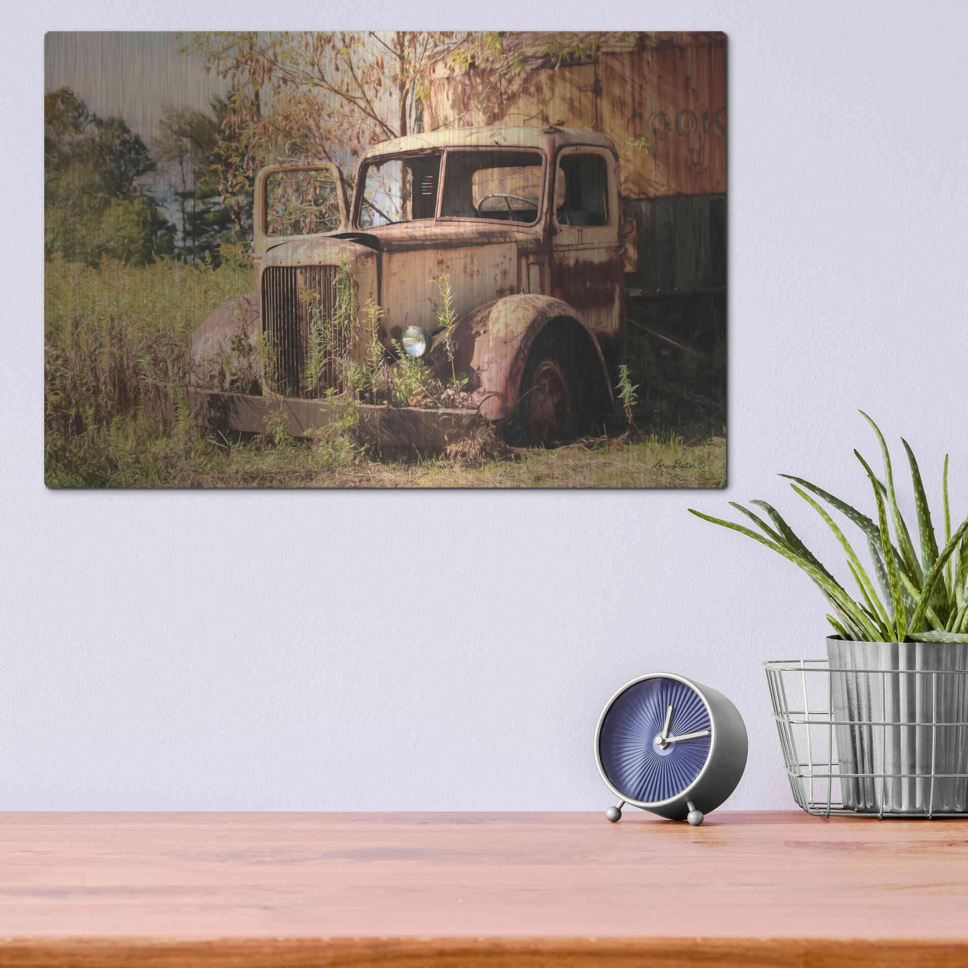 Luxe Metal Art 'Old Yellow Truck' by Lori Deiter, Metal Wall Art,16x12