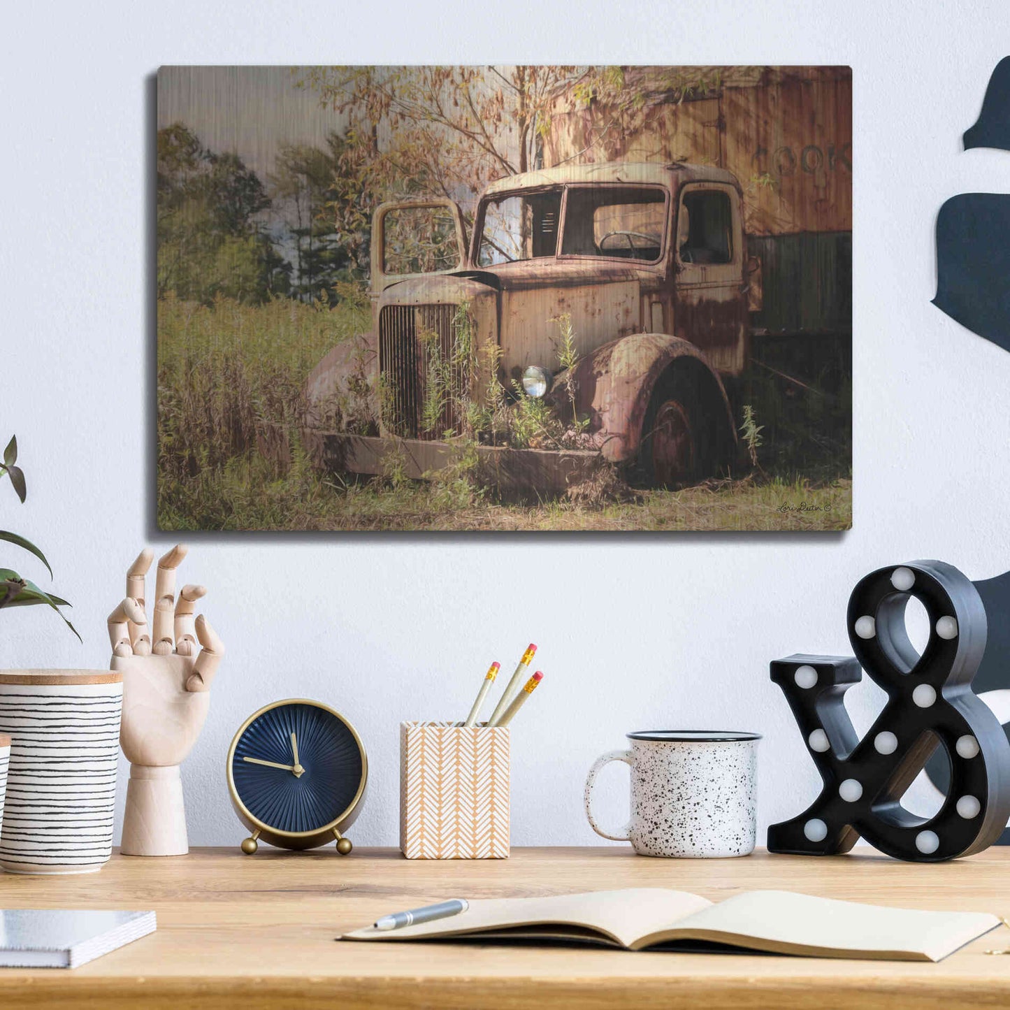 Luxe Metal Art 'Old Yellow Truck' by Lori Deiter, Metal Wall Art,16x12