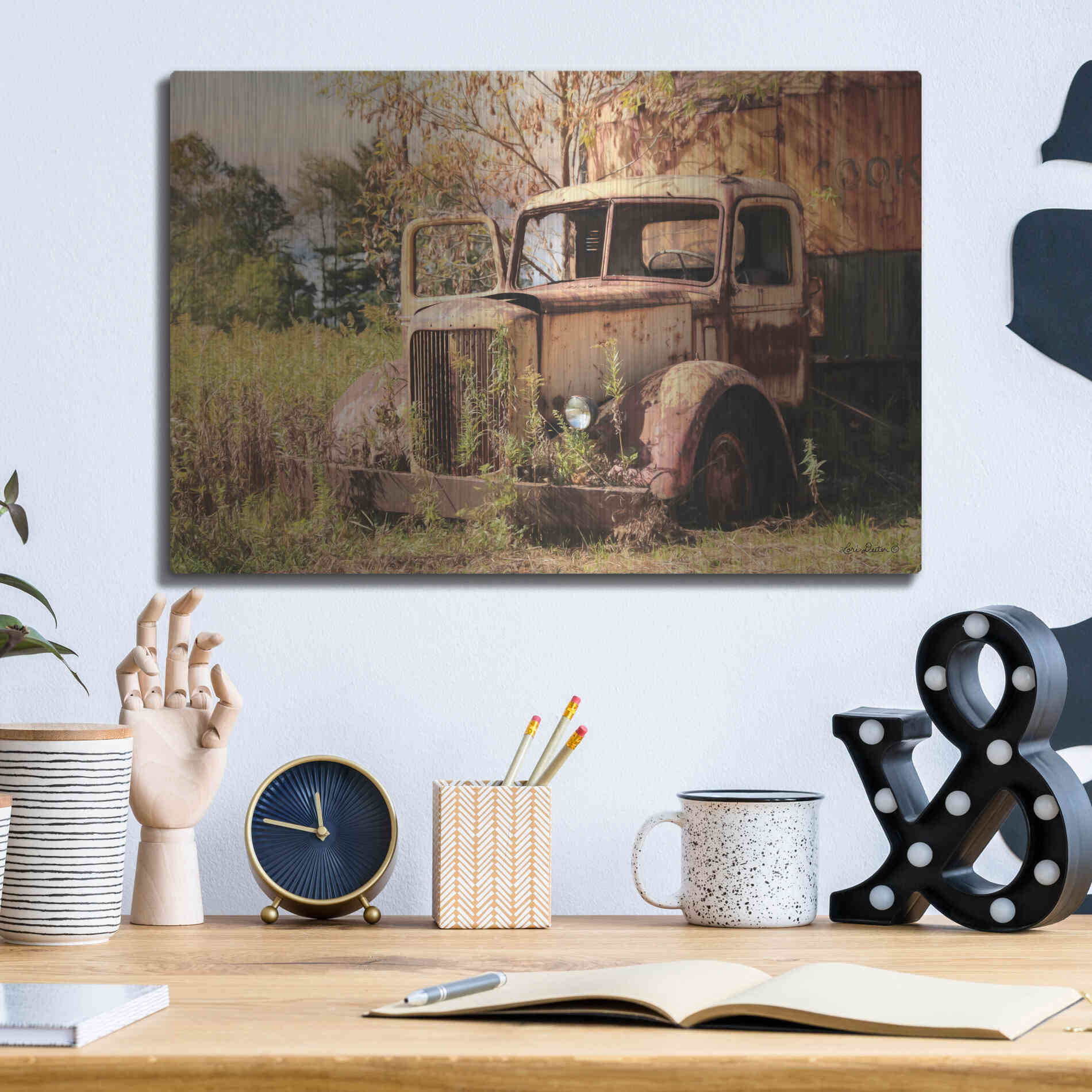 Luxe Metal Art 'Old Yellow Truck' by Lori Deiter, Metal Wall Art,16x12