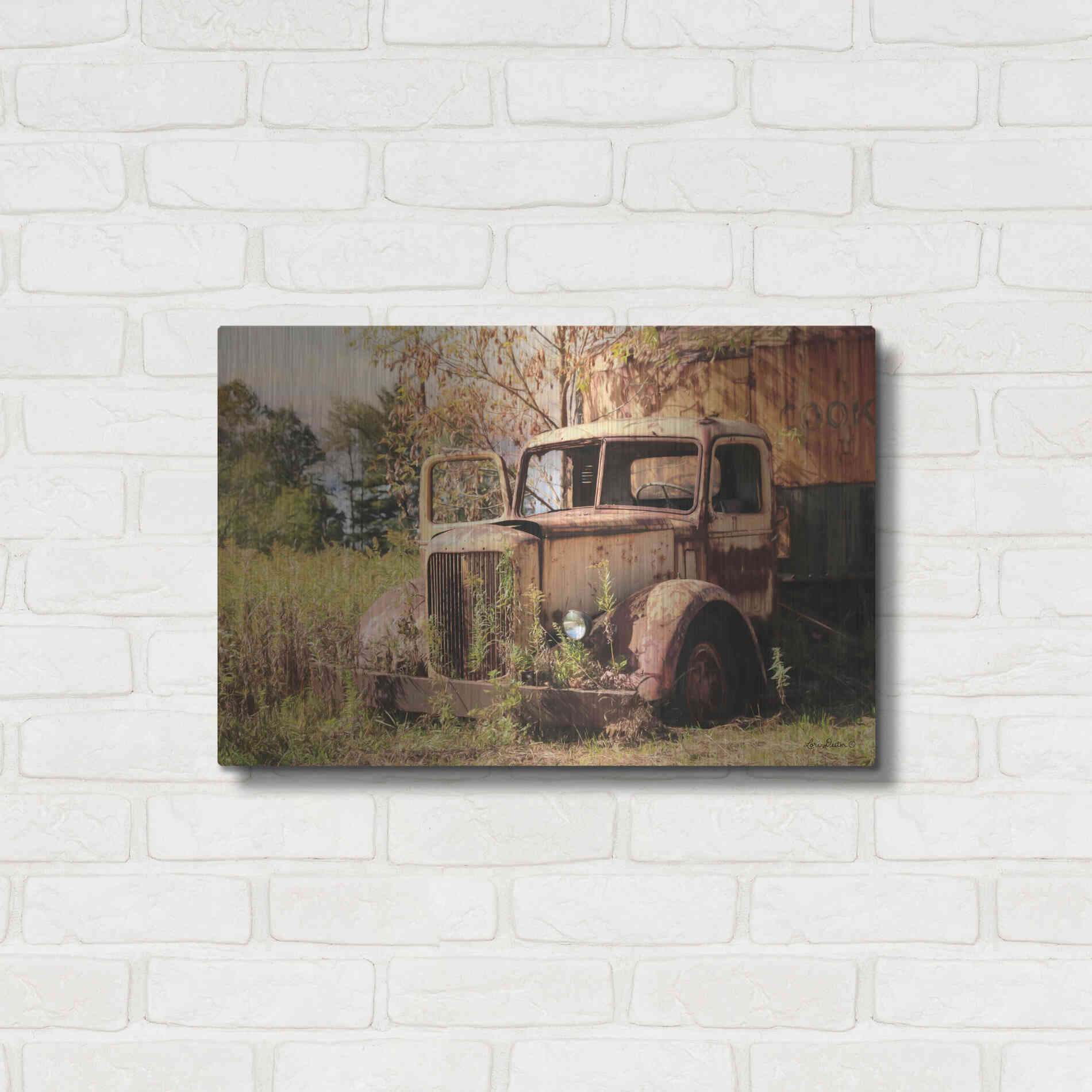 Luxe Metal Art 'Old Yellow Truck' by Lori Deiter, Metal Wall Art,24x16