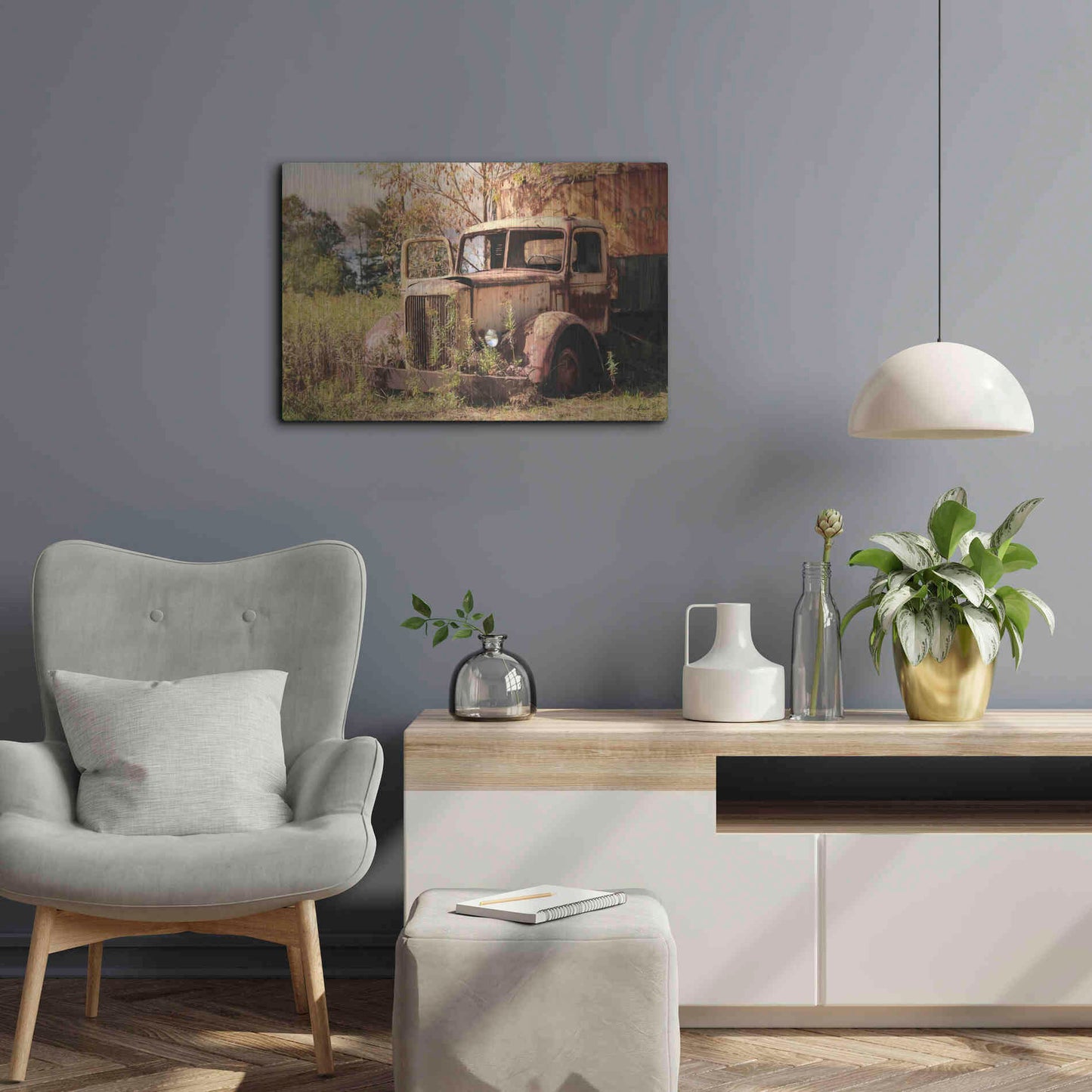 Luxe Metal Art 'Old Yellow Truck' by Lori Deiter, Metal Wall Art,24x16