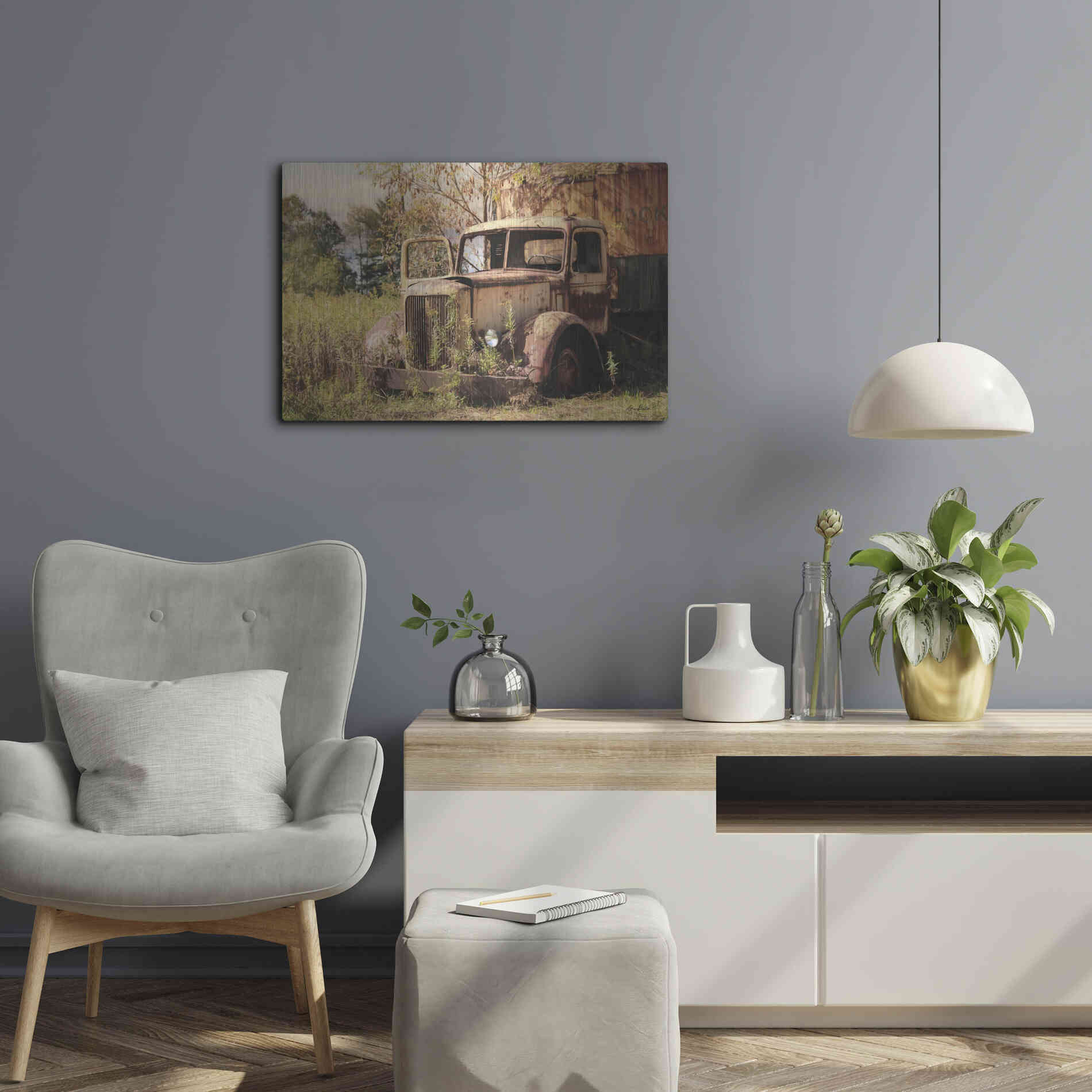 Luxe Metal Art 'Old Yellow Truck' by Lori Deiter, Metal Wall Art,24x16