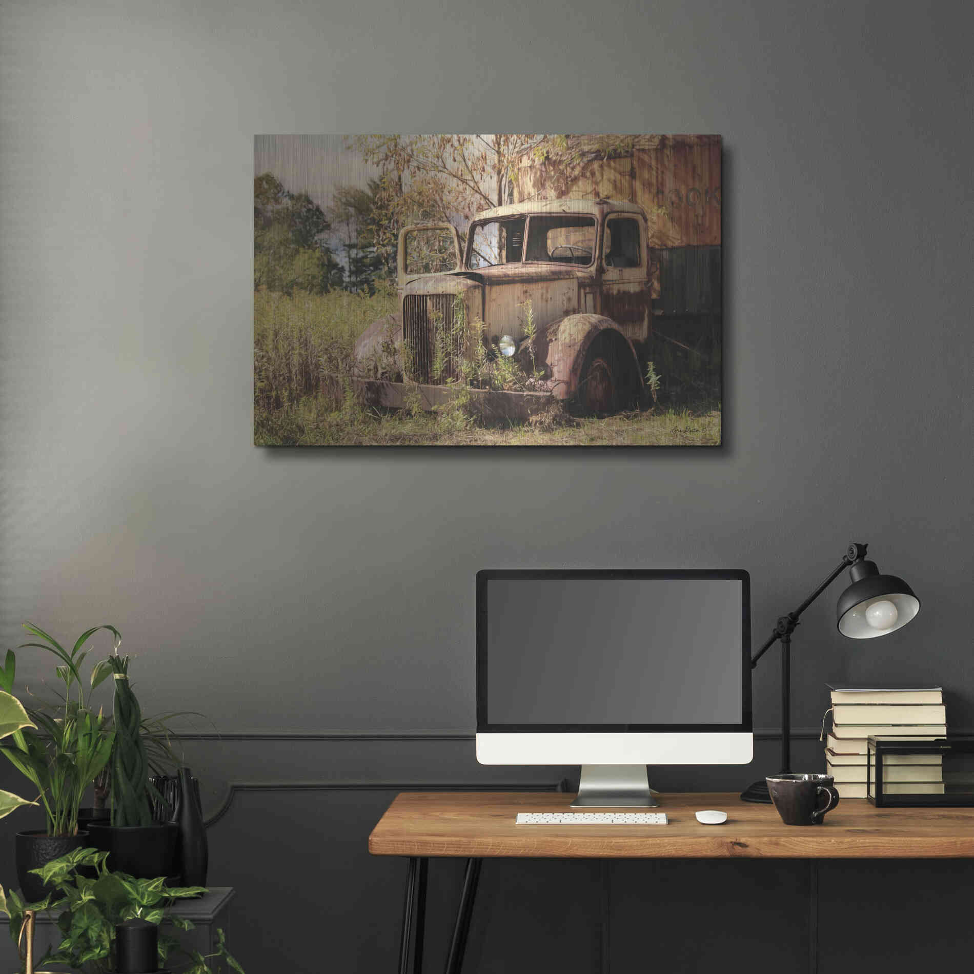 Luxe Metal Art 'Old Yellow Truck' by Lori Deiter, Metal Wall Art,36x24