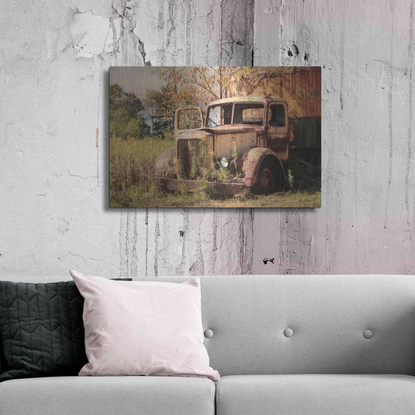 Luxe Metal Art 'Old Yellow Truck' by Lori Deiter, Metal Wall Art,36x24
