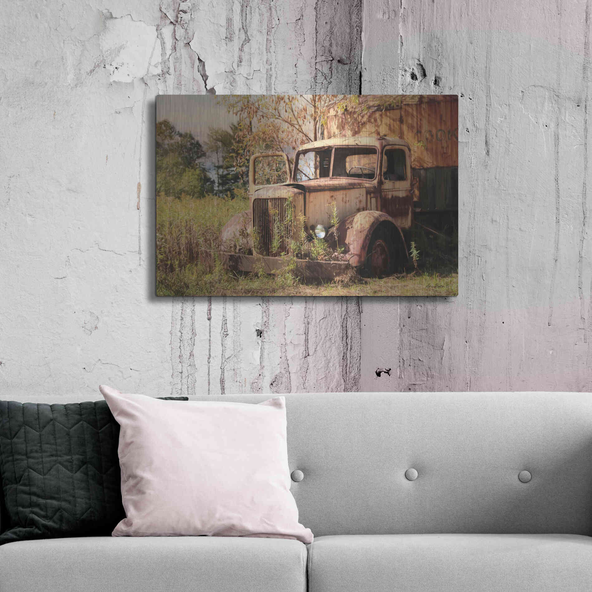 Luxe Metal Art 'Old Yellow Truck' by Lori Deiter, Metal Wall Art,36x24