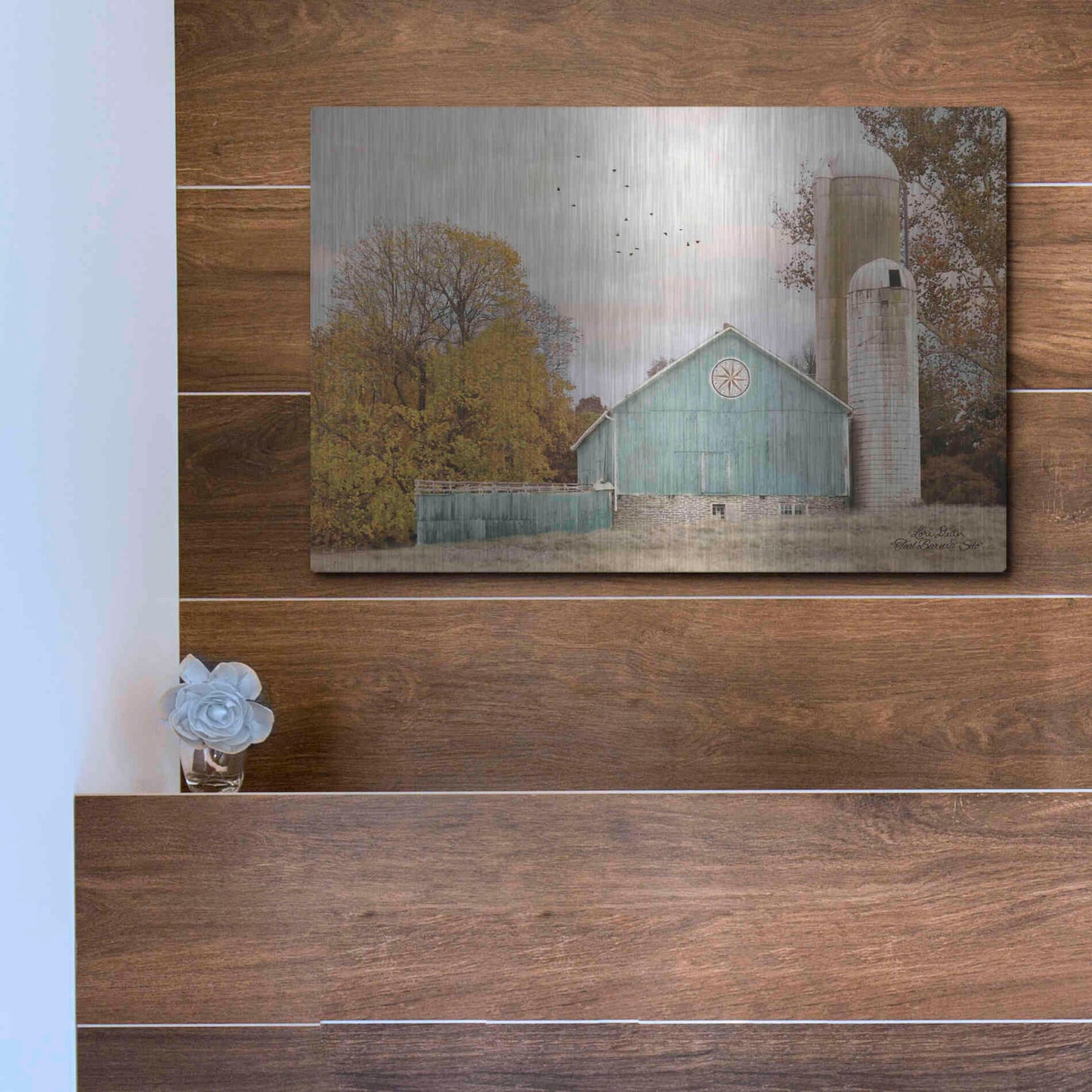 Luxe Metal Art 'Teal Barn and Silo' by Lori Deiter, Metal Wall Art,16x12