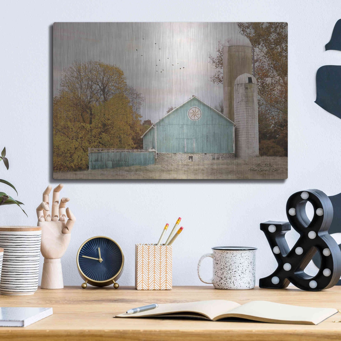 Luxe Metal Art 'Teal Barn and Silo' by Lori Deiter, Metal Wall Art,16x12