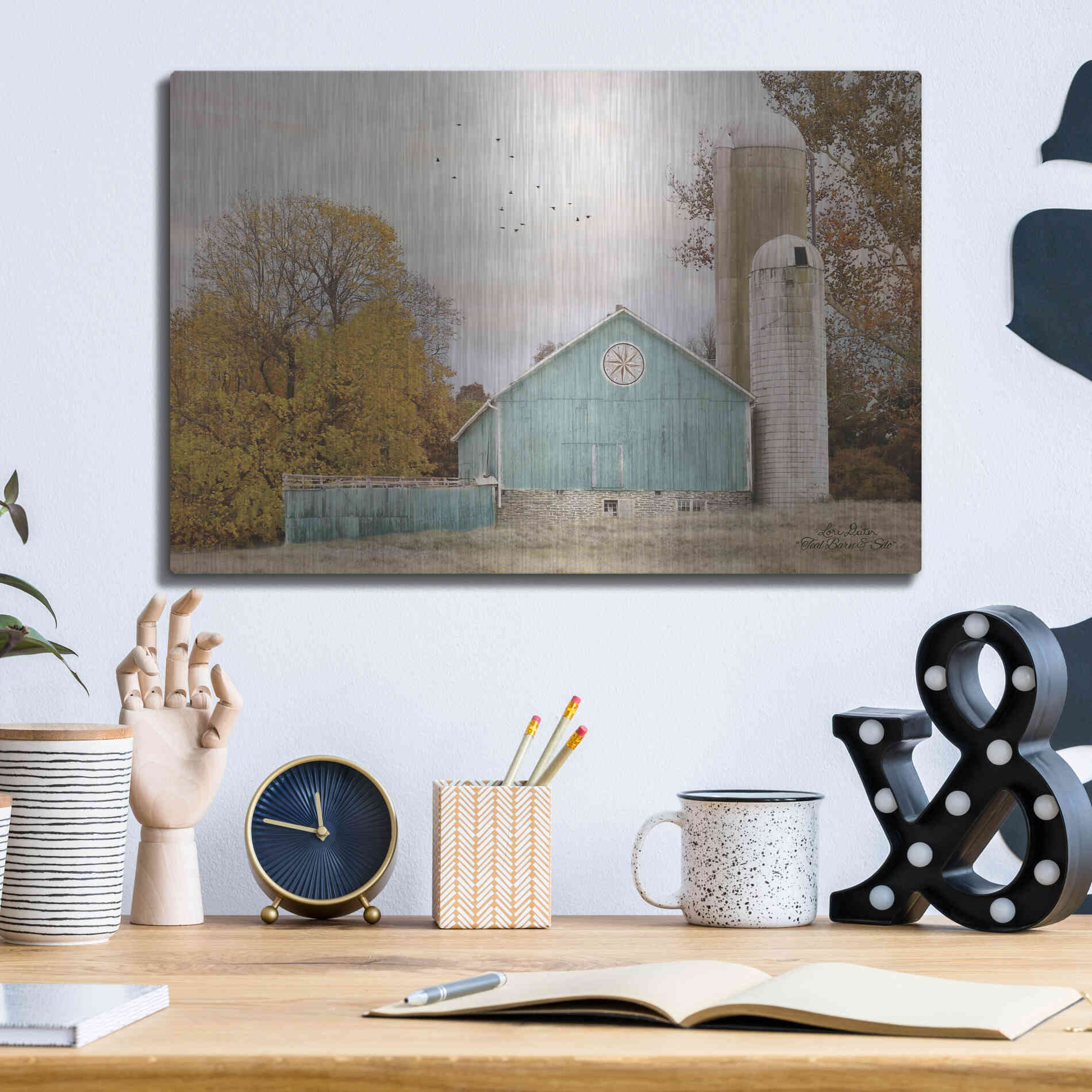 Luxe Metal Art 'Teal Barn and Silo' by Lori Deiter, Metal Wall Art,16x12