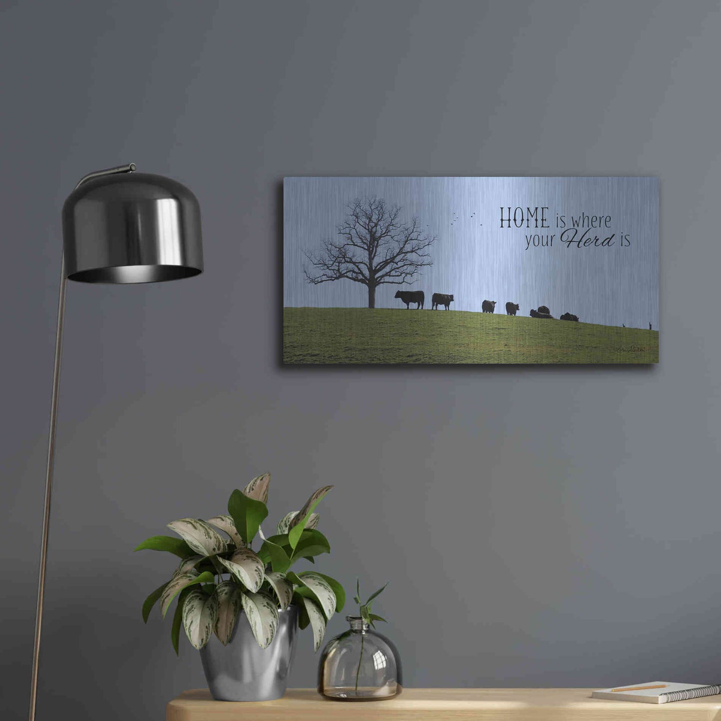 Luxe Metal Art 'Home Is Where Your Herd Is' by Lori Deiter, Metal Wall Art,24x12