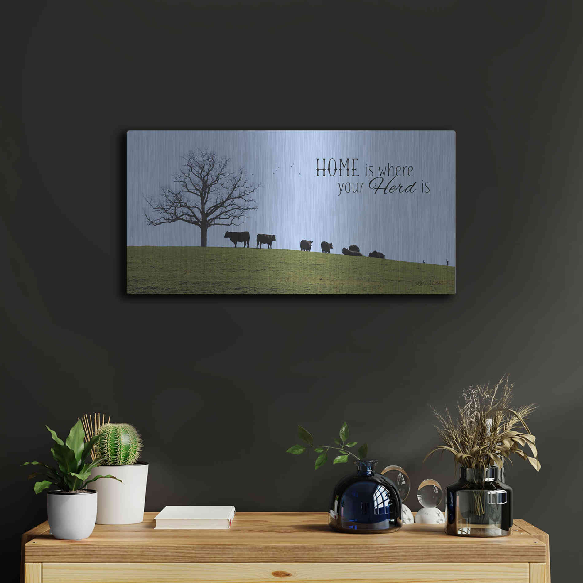 Luxe Metal Art 'Home Is Where Your Herd Is' by Lori Deiter, Metal Wall Art,24x12