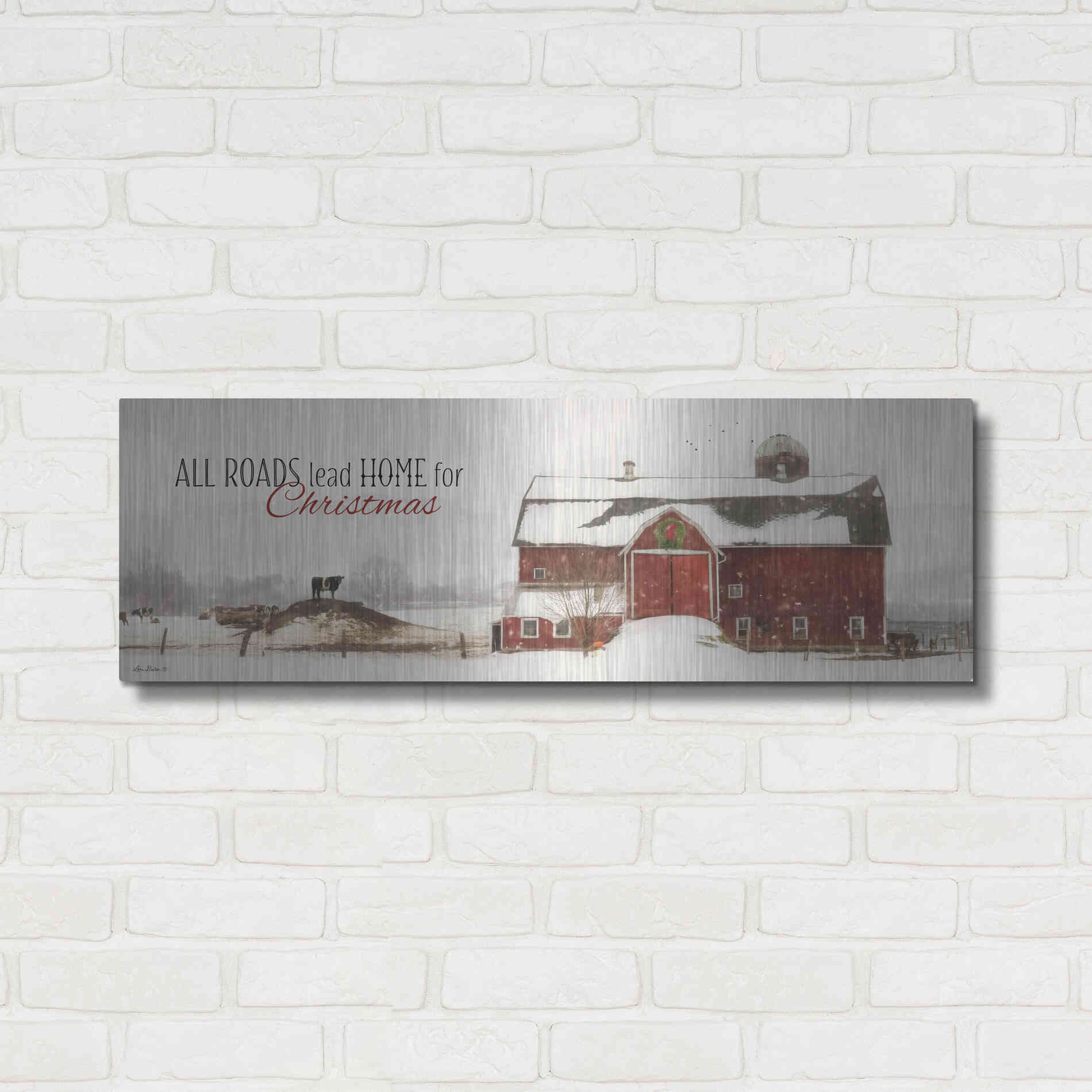 Luxe Metal Art 'All Roads Lead Home for Christmas' by Lori Deiter, Metal Wall Art,36x12