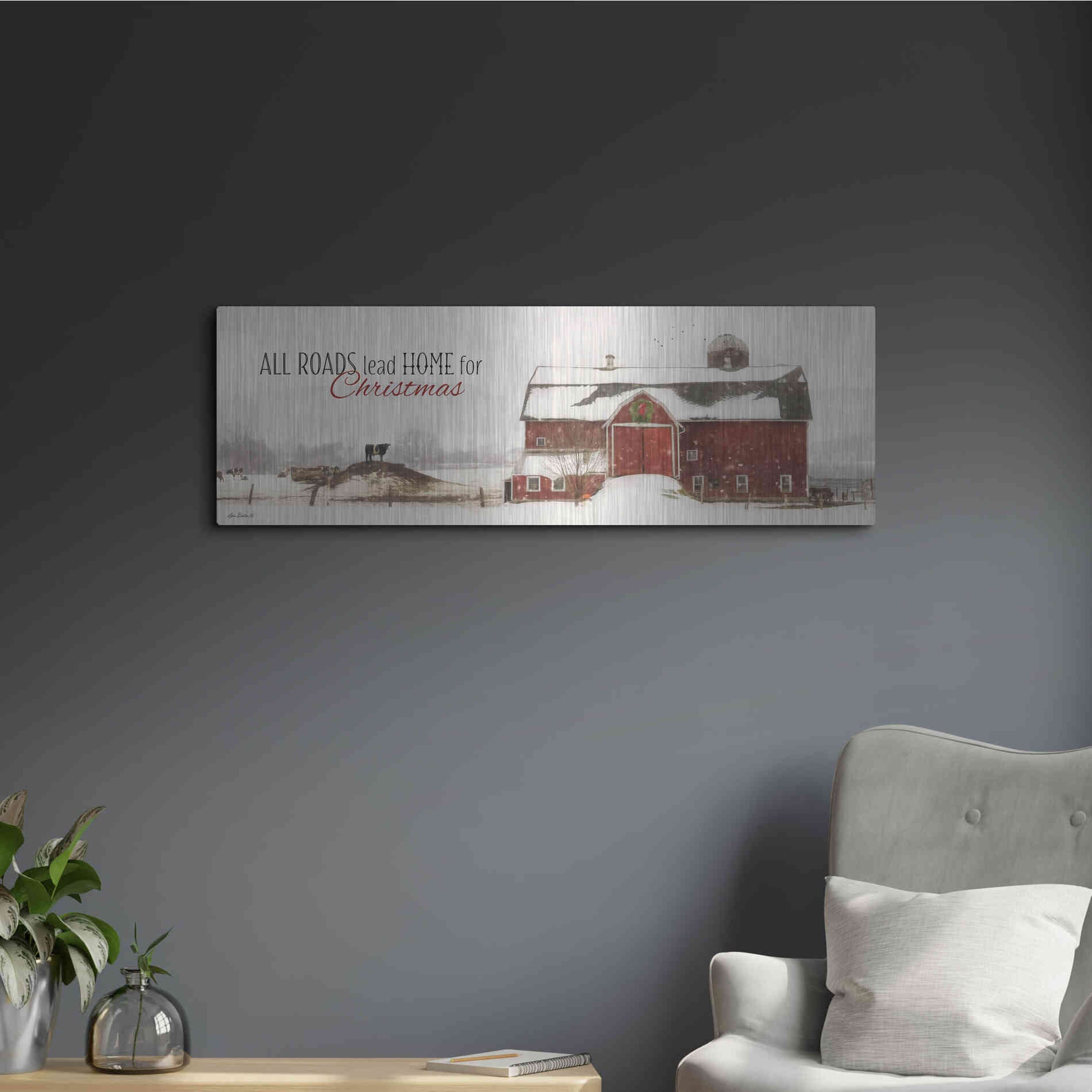 Luxe Metal Art 'All Roads Lead Home for Christmas' by Lori Deiter, Metal Wall Art,36x12