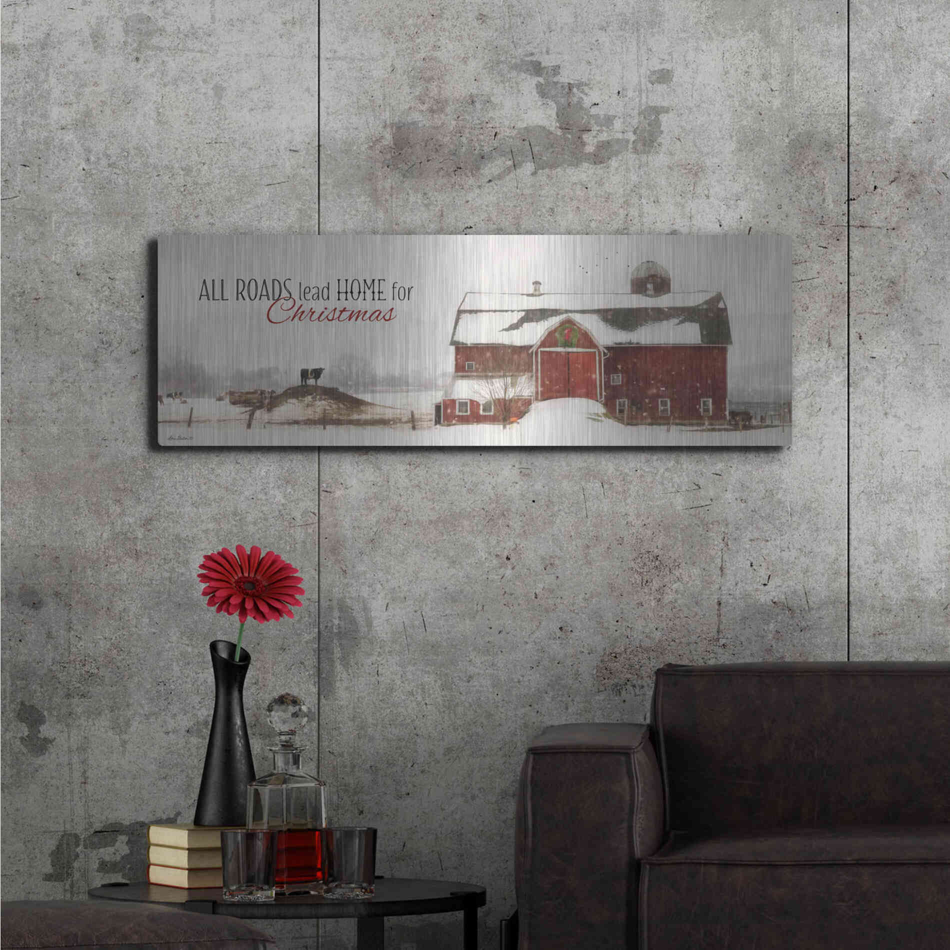 Luxe Metal Art 'All Roads Lead Home for Christmas' by Lori Deiter, Metal Wall Art,48x16