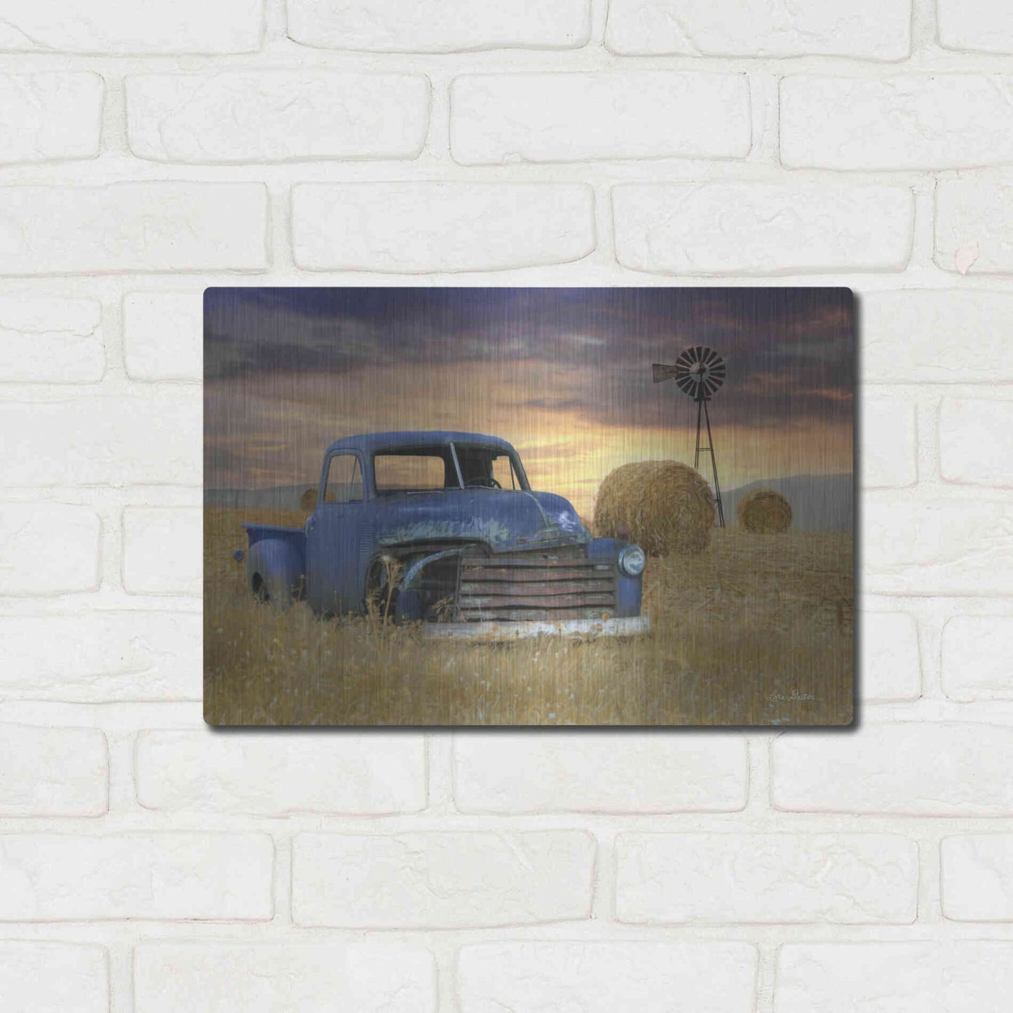 Luxe Metal Art 'Old Chevy with Windmill' by Lori Deiter, Metal Wall Art,16x12