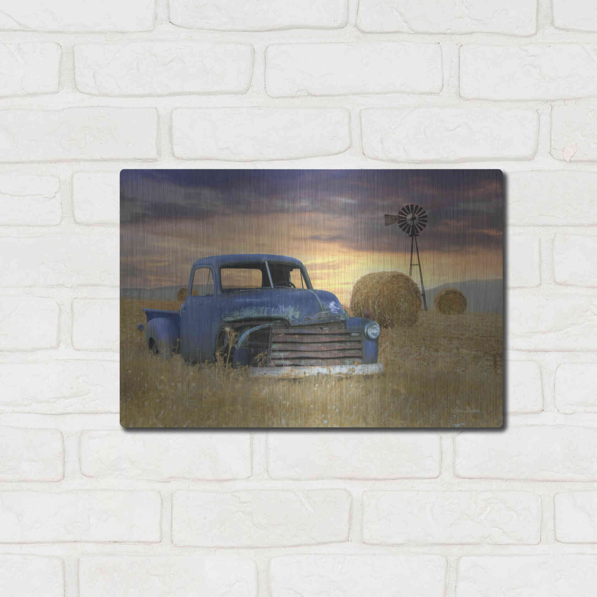 Luxe Metal Art 'Old Chevy with Windmill' by Lori Deiter, Metal Wall Art,16x12