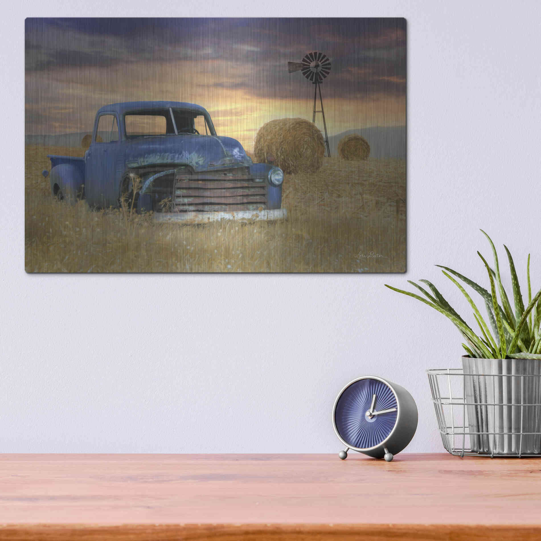 Luxe Metal Art 'Old Chevy with Windmill' by Lori Deiter, Metal Wall Art,16x12