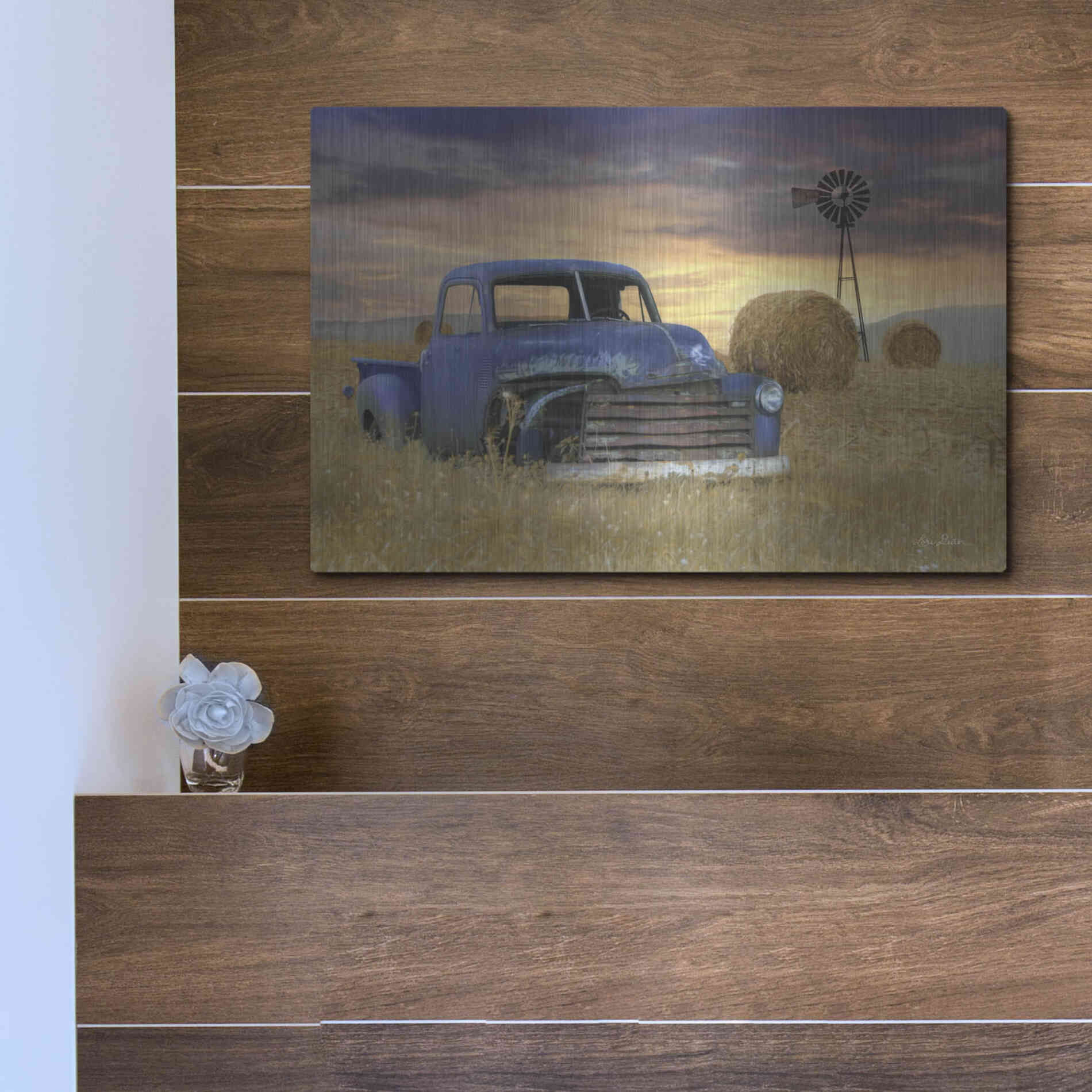 Luxe Metal Art 'Old Chevy with Windmill' by Lori Deiter, Metal Wall Art,16x12