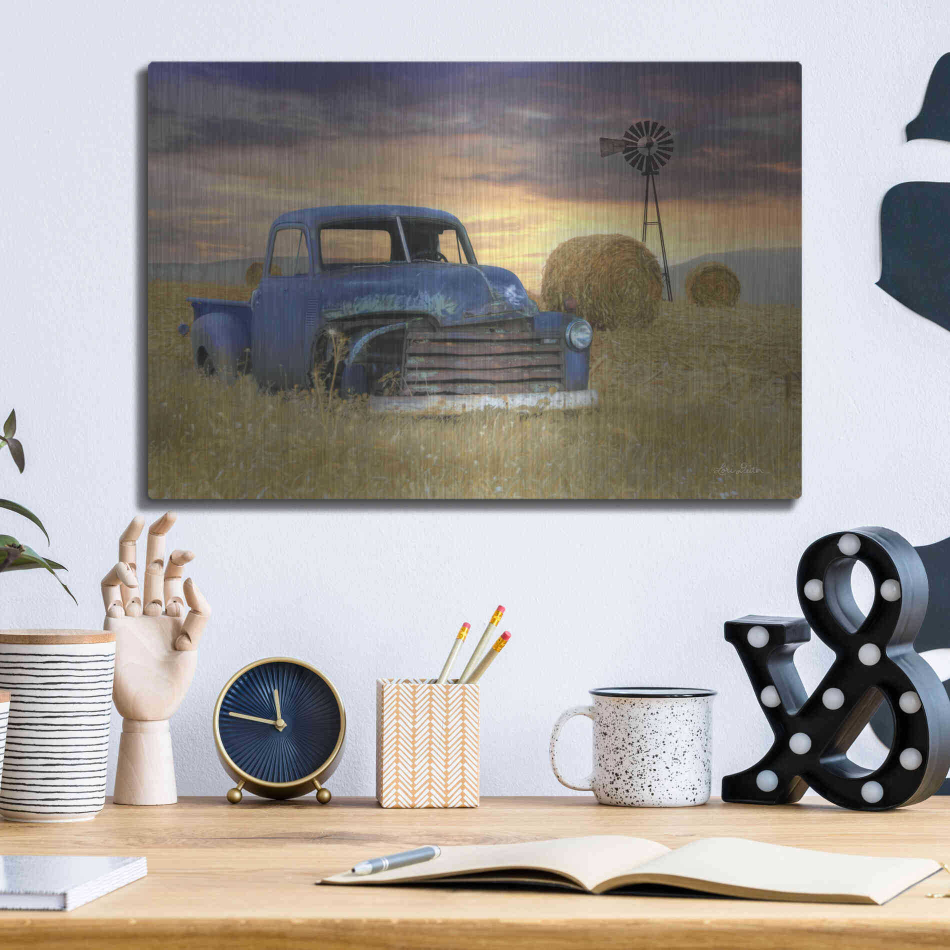 Luxe Metal Art 'Old Chevy with Windmill' by Lori Deiter, Metal Wall Art,16x12