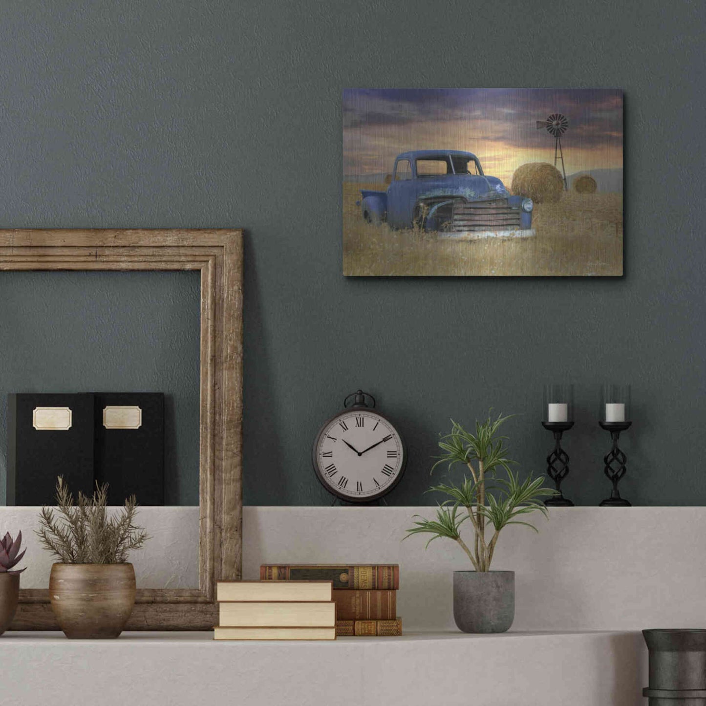 Luxe Metal Art 'Old Chevy with Windmill' by Lori Deiter, Metal Wall Art,16x12