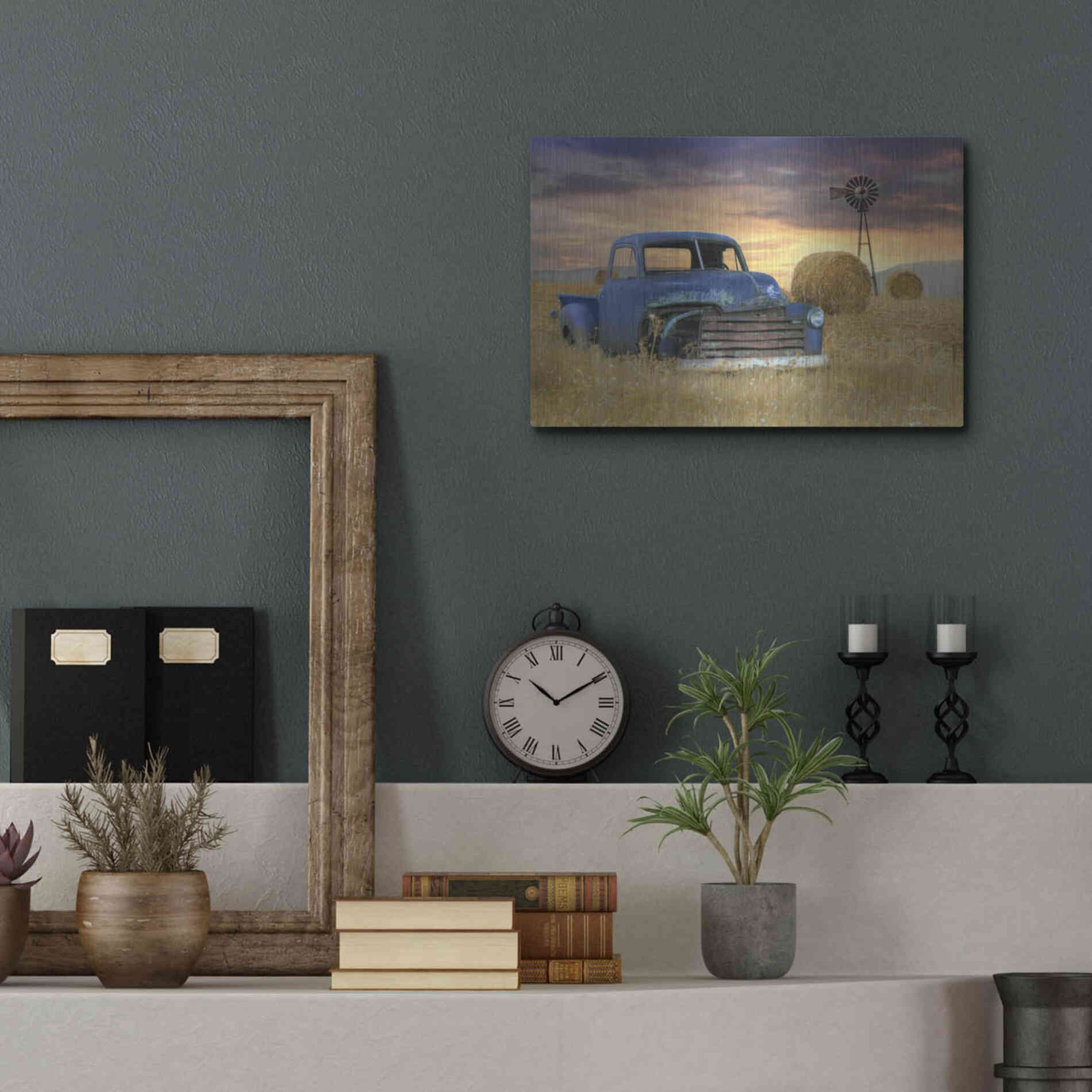 Luxe Metal Art 'Old Chevy with Windmill' by Lori Deiter, Metal Wall Art,16x12