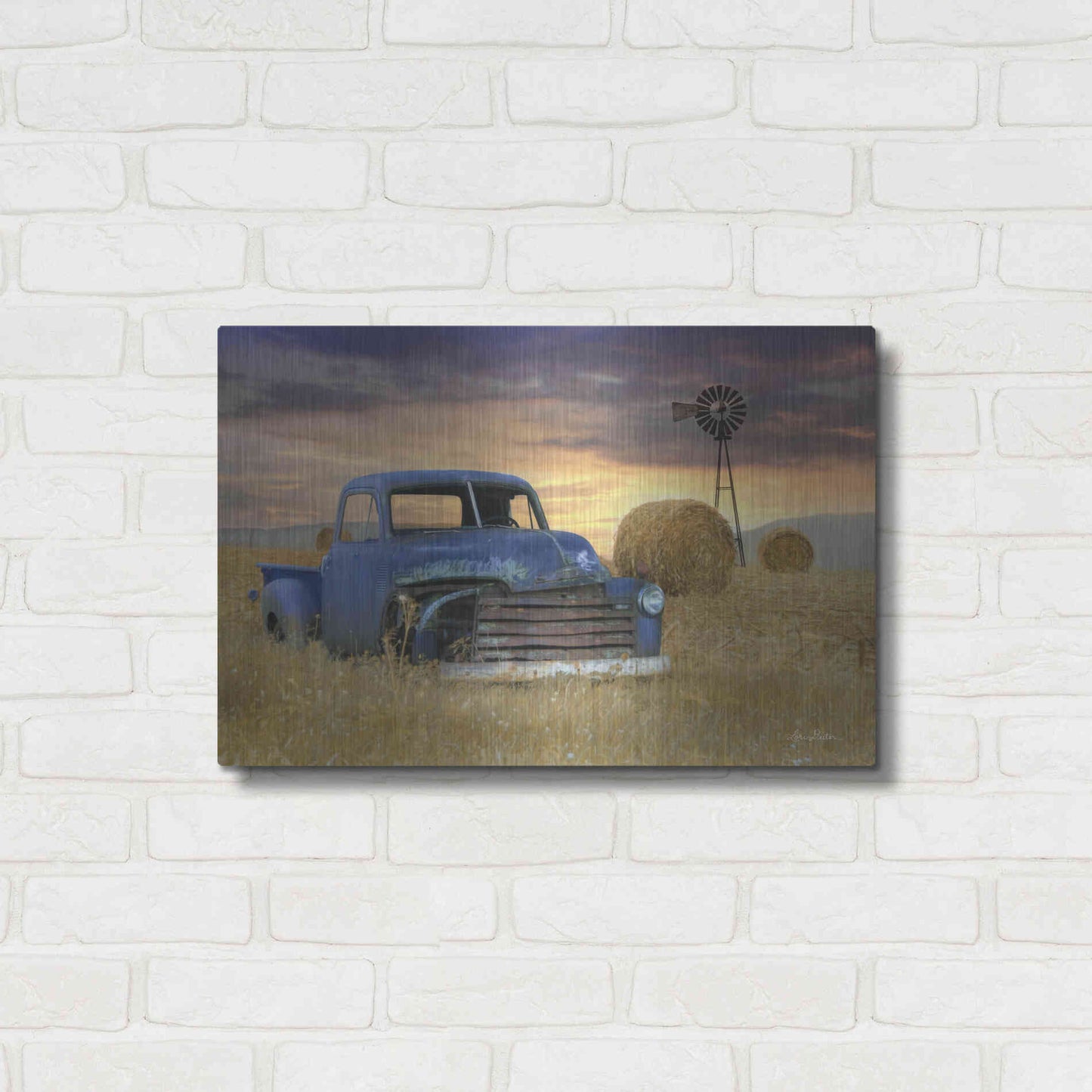 Luxe Metal Art 'Old Chevy with Windmill' by Lori Deiter, Metal Wall Art,24x16