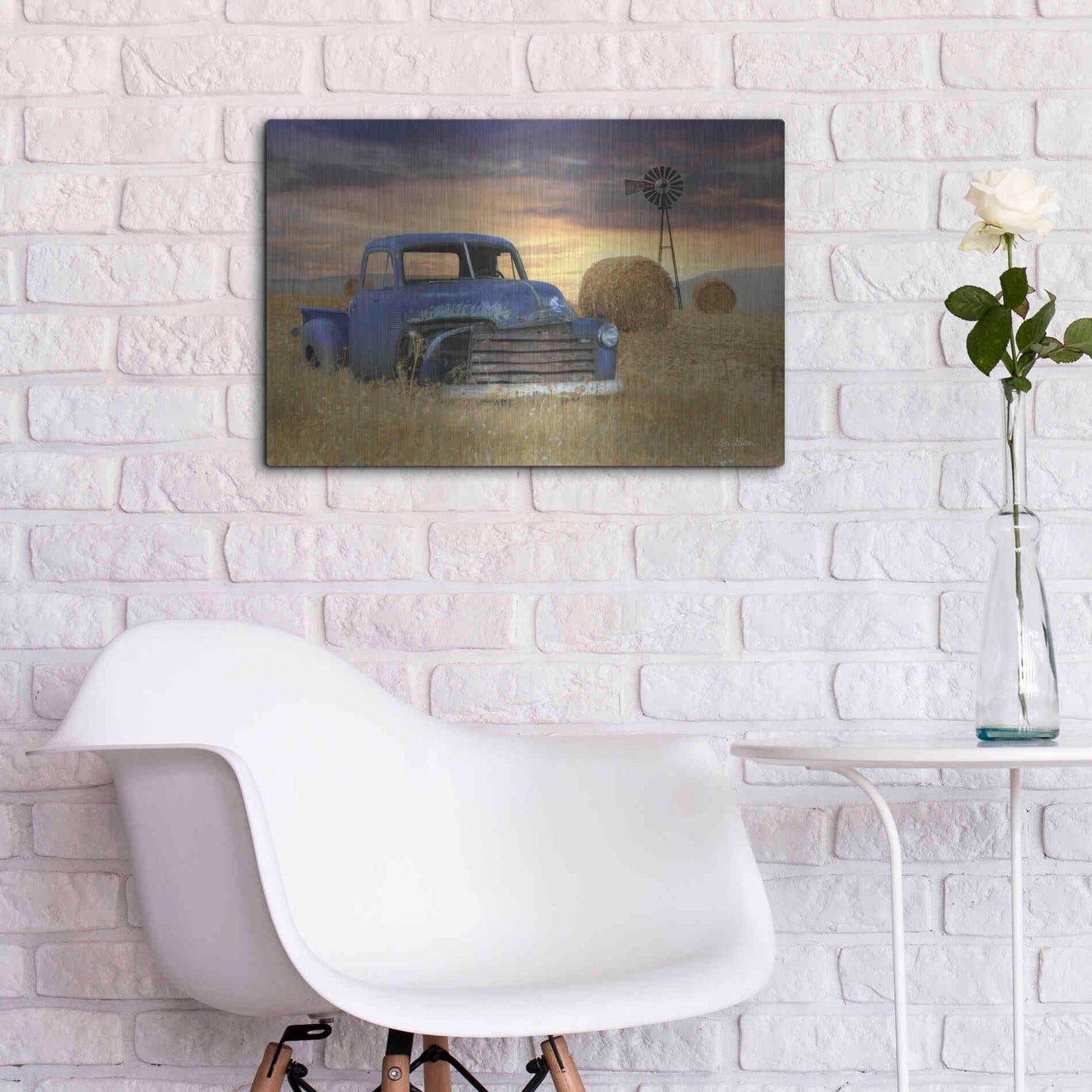 Luxe Metal Art 'Old Chevy with Windmill' by Lori Deiter, Metal Wall Art,24x16
