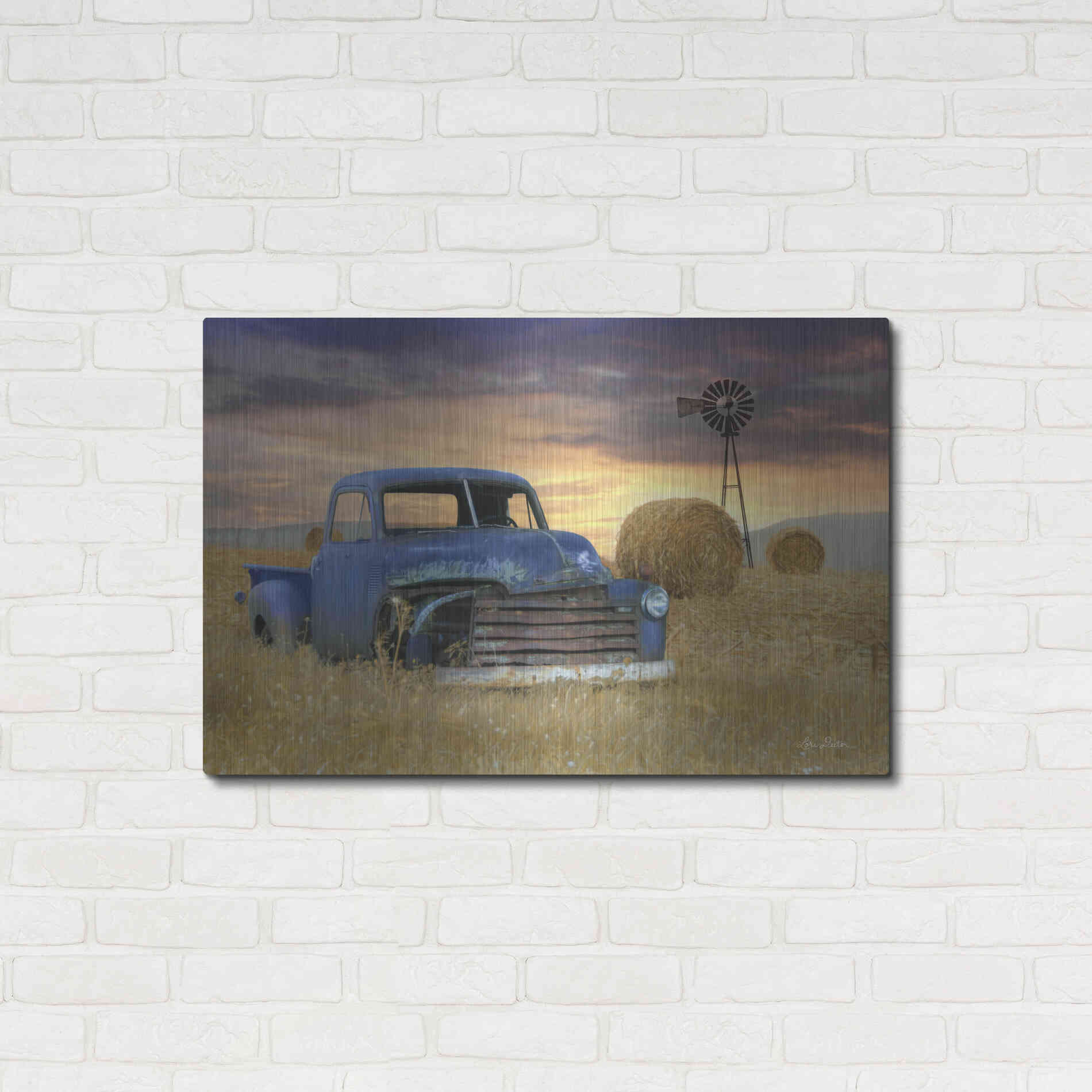 Luxe Metal Art 'Old Chevy with Windmill' by Lori Deiter, Metal Wall Art,36x24