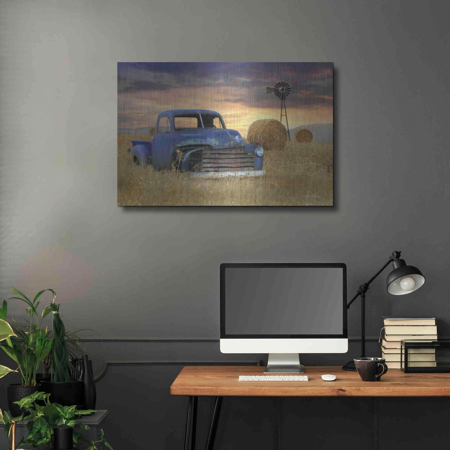Luxe Metal Art 'Old Chevy with Windmill' by Lori Deiter, Metal Wall Art,36x24
