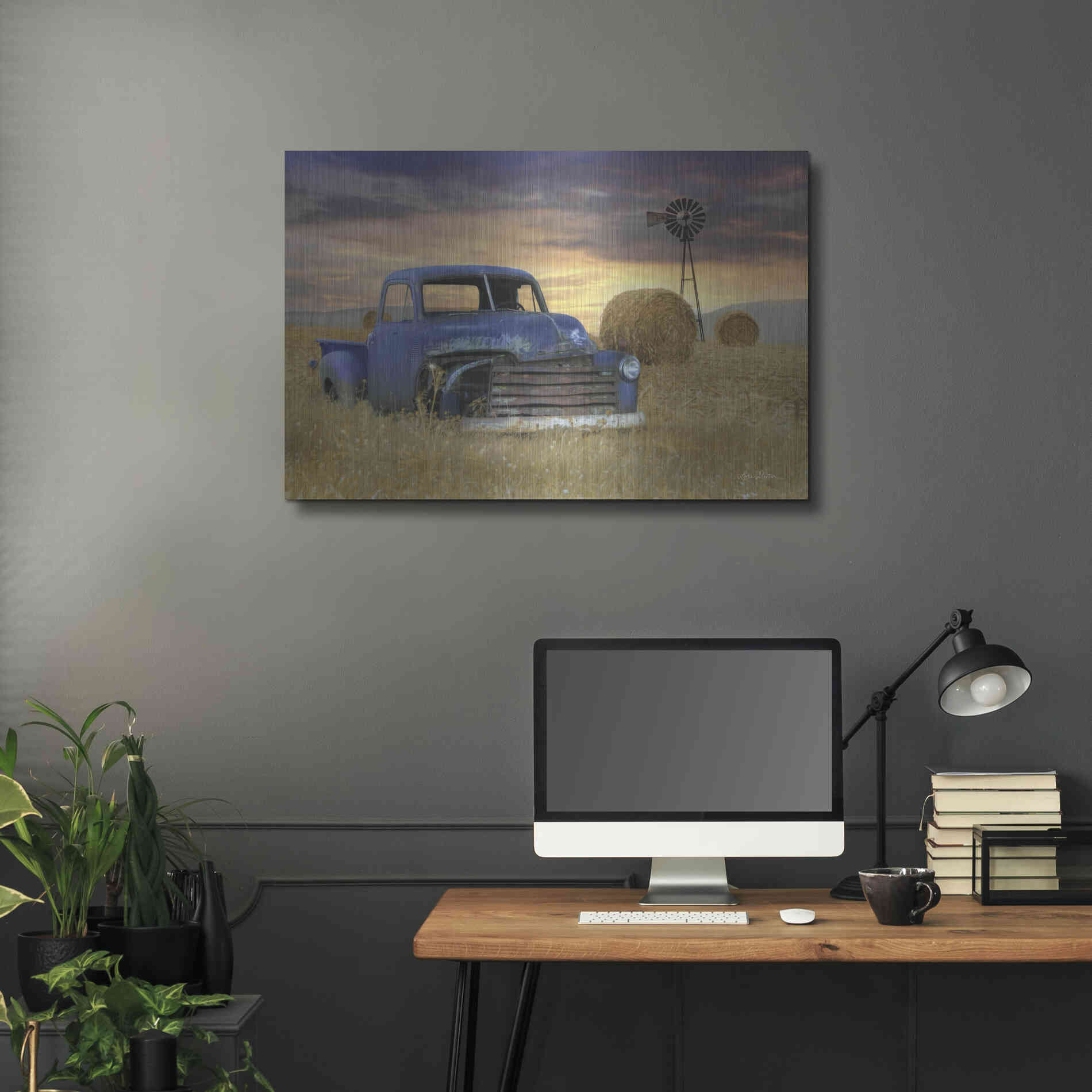 Luxe Metal Art 'Old Chevy with Windmill' by Lori Deiter, Metal Wall Art,36x24