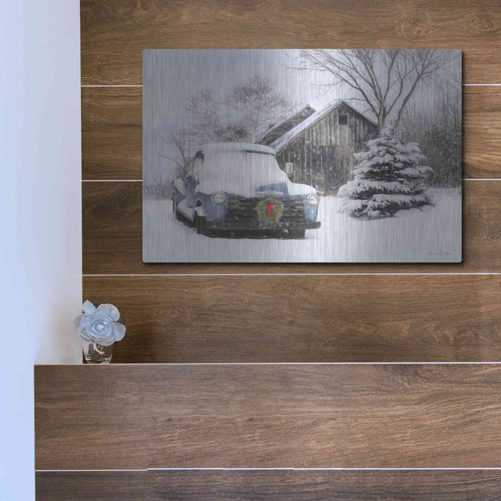 Luxe Metal Art 'Christmas on the Farm' by Lori Deiter, Metal Wall Art,16x12