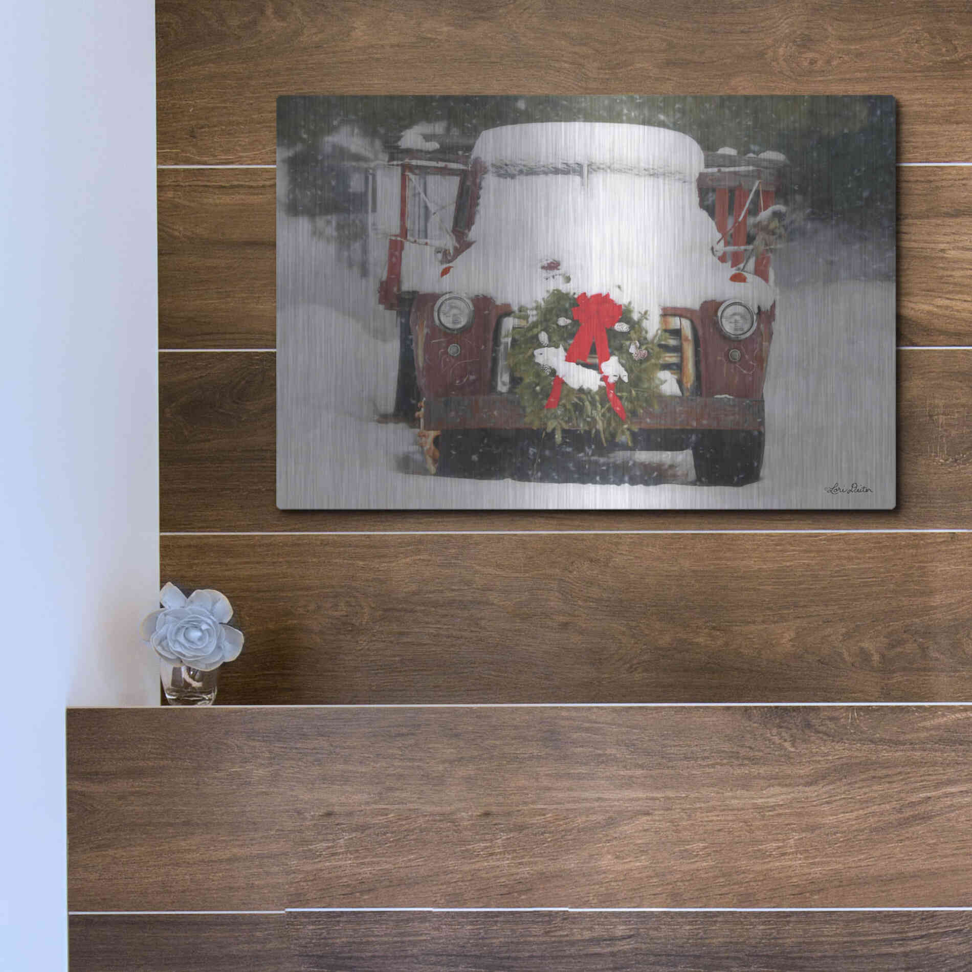 Luxe Metal Art 'Christmas Farm Truck' by Lori Deiter, Metal Wall Art,16x12