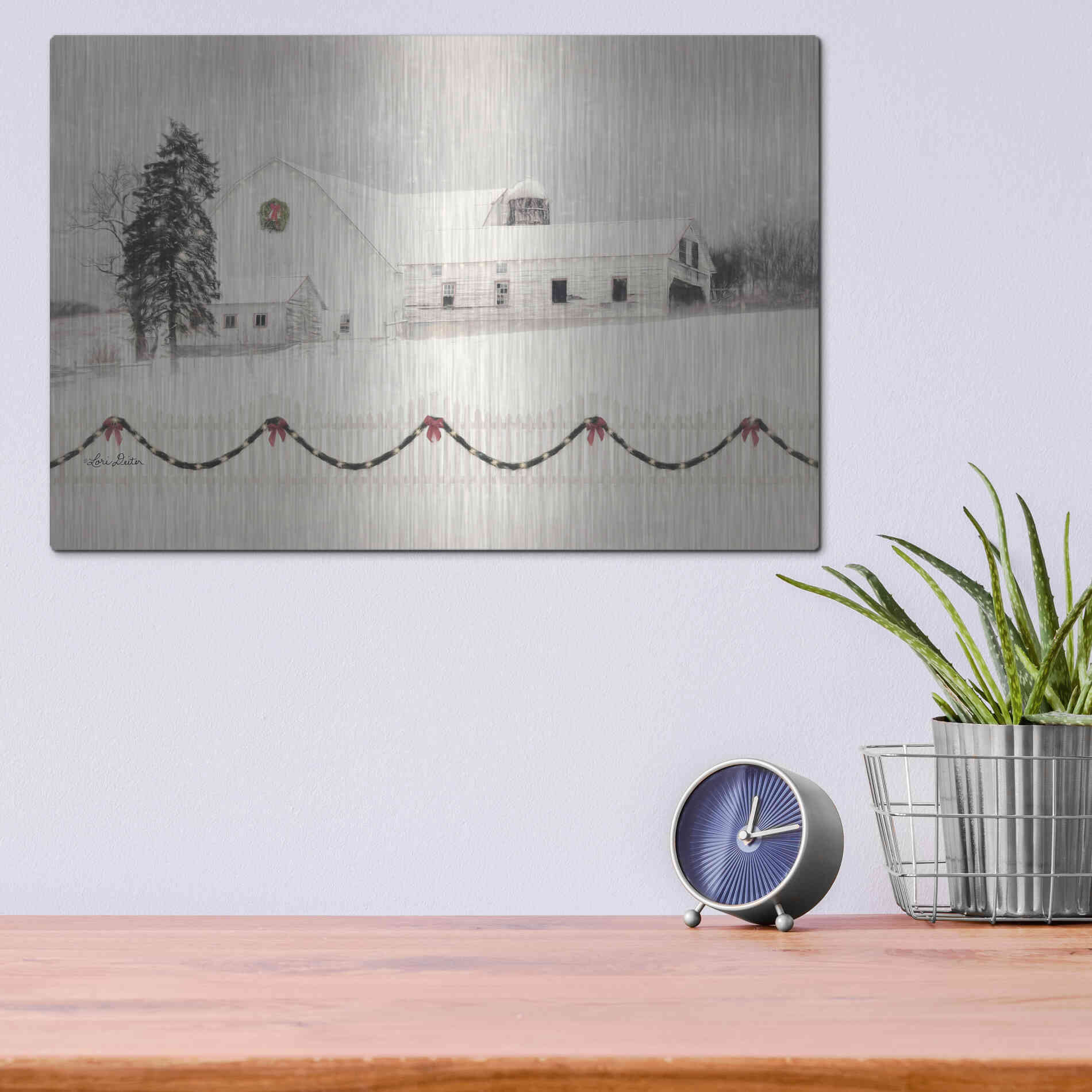 Luxe Metal Art 'Snowy Barn on a Hill' by Lori Deiter, Metal Wall Art,16x12