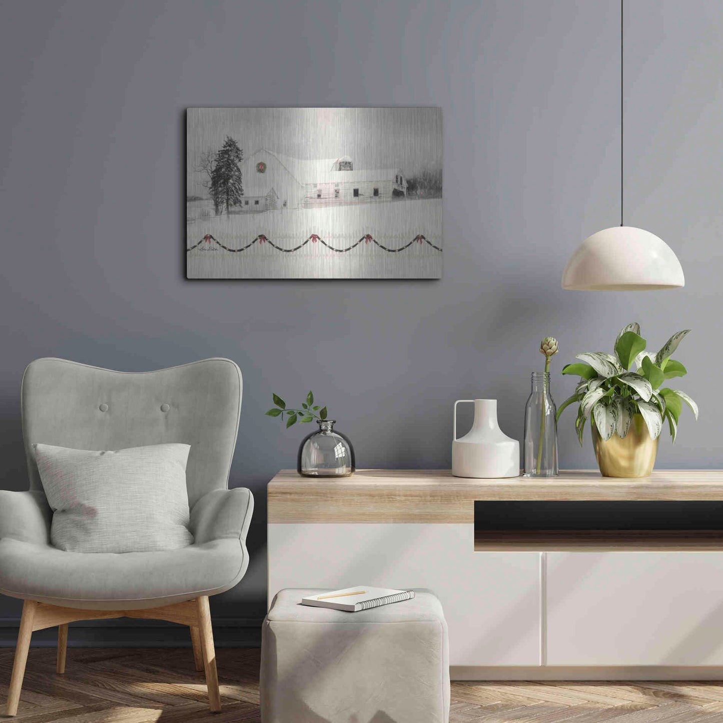 Luxe Metal Art 'Snowy Barn on a Hill' by Lori Deiter, Metal Wall Art,24x16