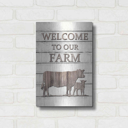 Luxe Metal Art 'Cow Welcome to Our Farm' by Lori Deiter, Metal Wall Art,12x16