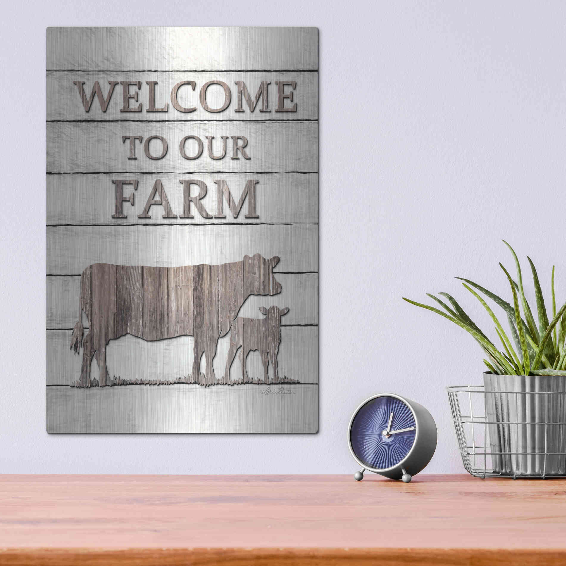 Luxe Metal Art 'Cow Welcome to Our Farm' by Lori Deiter, Metal Wall Art,12x16