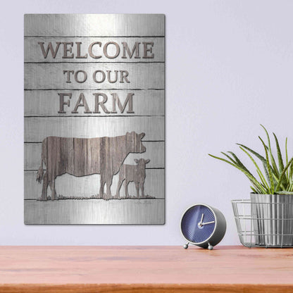 Luxe Metal Art 'Cow Welcome to Our Farm' by Lori Deiter, Metal Wall Art,12x16