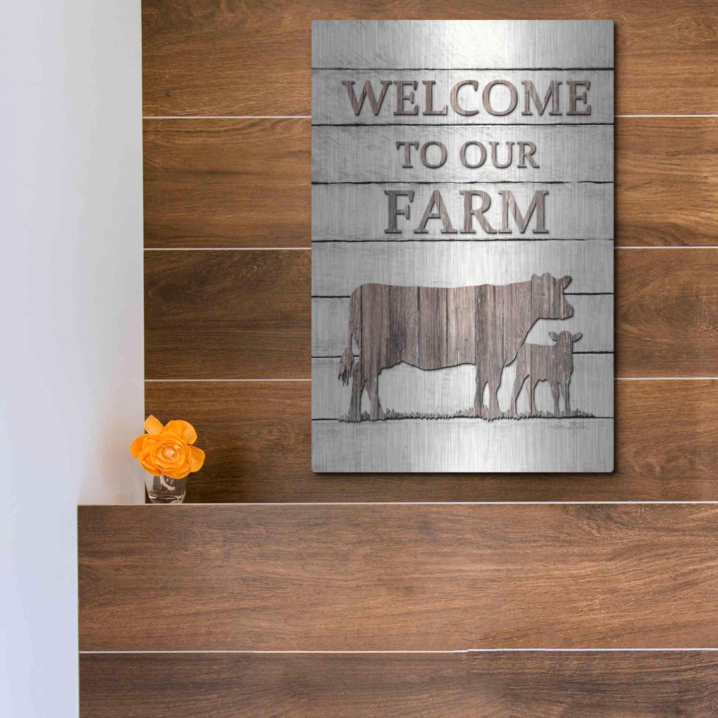 Luxe Metal Art 'Cow Welcome to Our Farm' by Lori Deiter, Metal Wall Art,12x16