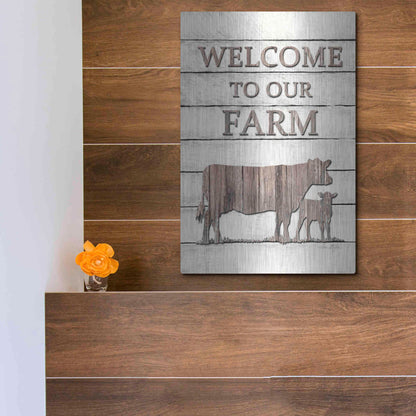 Luxe Metal Art 'Cow Welcome to Our Farm' by Lori Deiter, Metal Wall Art,12x16