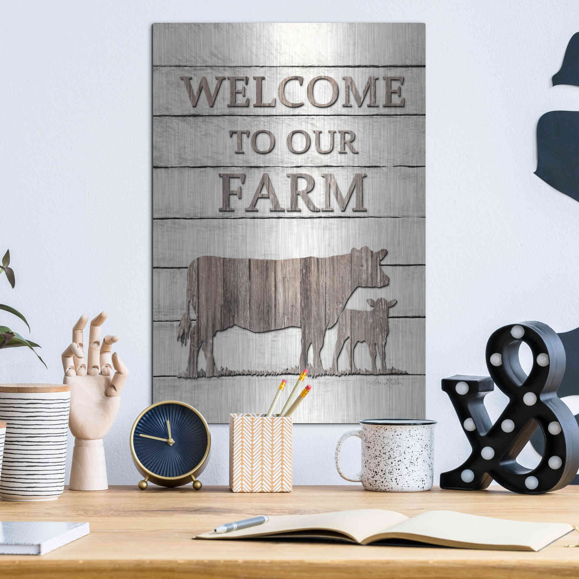 Luxe Metal Art 'Cow Welcome to Our Farm' by Lori Deiter, Metal Wall Art,12x16