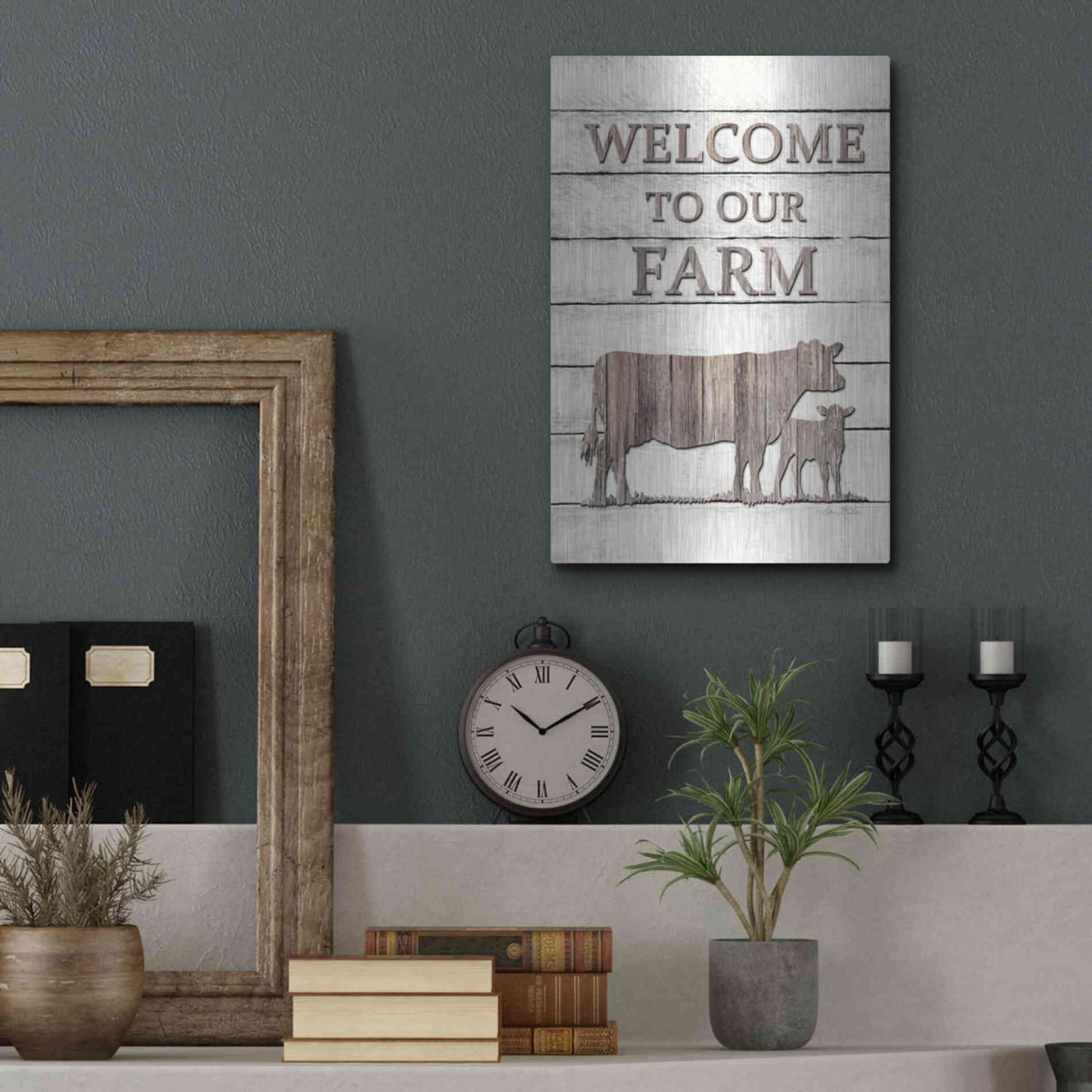 Luxe Metal Art 'Cow Welcome to Our Farm' by Lori Deiter, Metal Wall Art,12x16