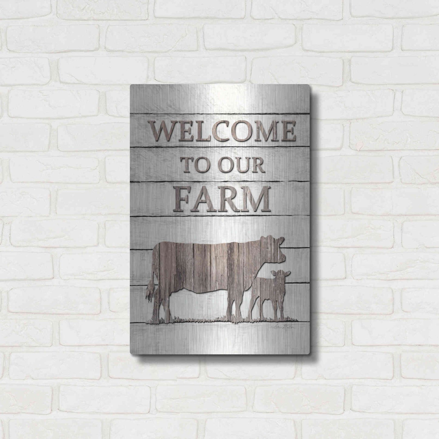 Luxe Metal Art 'Cow Welcome to Our Farm' by Lori Deiter, Metal Wall Art,16x24
