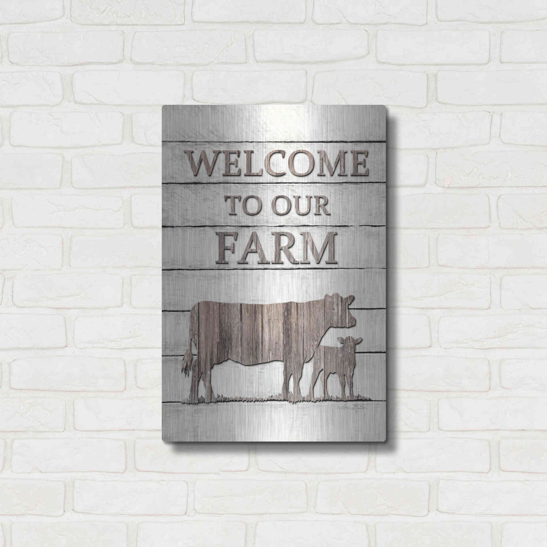 Luxe Metal Art 'Cow Welcome to Our Farm' by Lori Deiter, Metal Wall Art,16x24