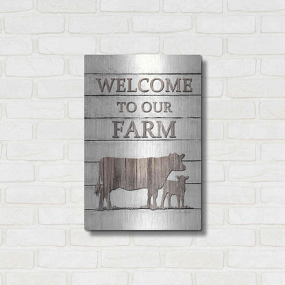 Luxe Metal Art 'Cow Welcome to Our Farm' by Lori Deiter, Metal Wall Art,16x24