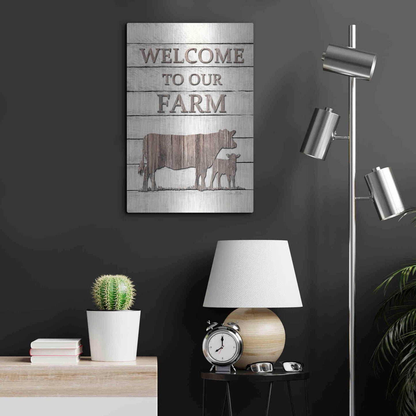 Luxe Metal Art 'Cow Welcome to Our Farm' by Lori Deiter, Metal Wall Art,16x24