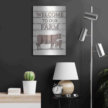 Luxe Metal Art 'Cow Welcome to Our Farm' by Lori Deiter, Metal Wall Art,16x24