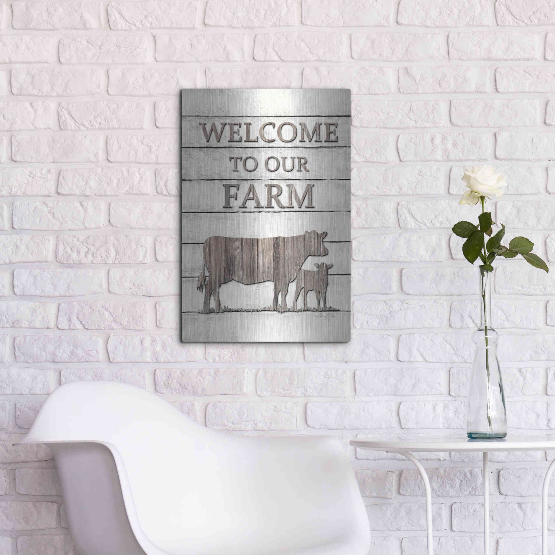 Luxe Metal Art 'Cow Welcome to Our Farm' by Lori Deiter, Metal Wall Art,16x24