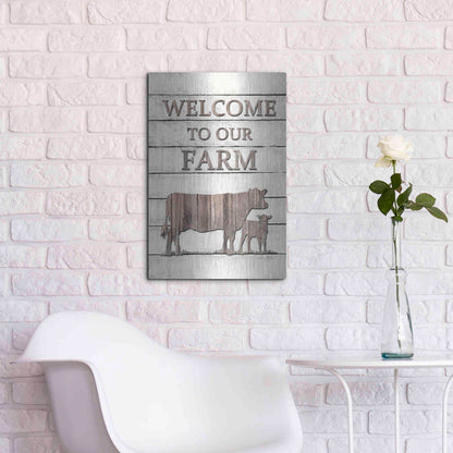 Luxe Metal Art 'Cow Welcome to Our Farm' by Lori Deiter, Metal Wall Art,16x24